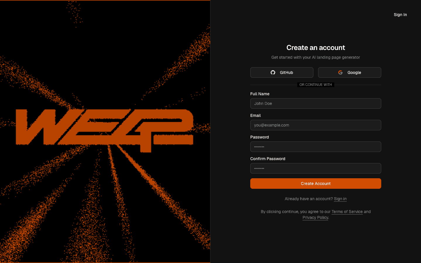 Signup or login page before entering credentials