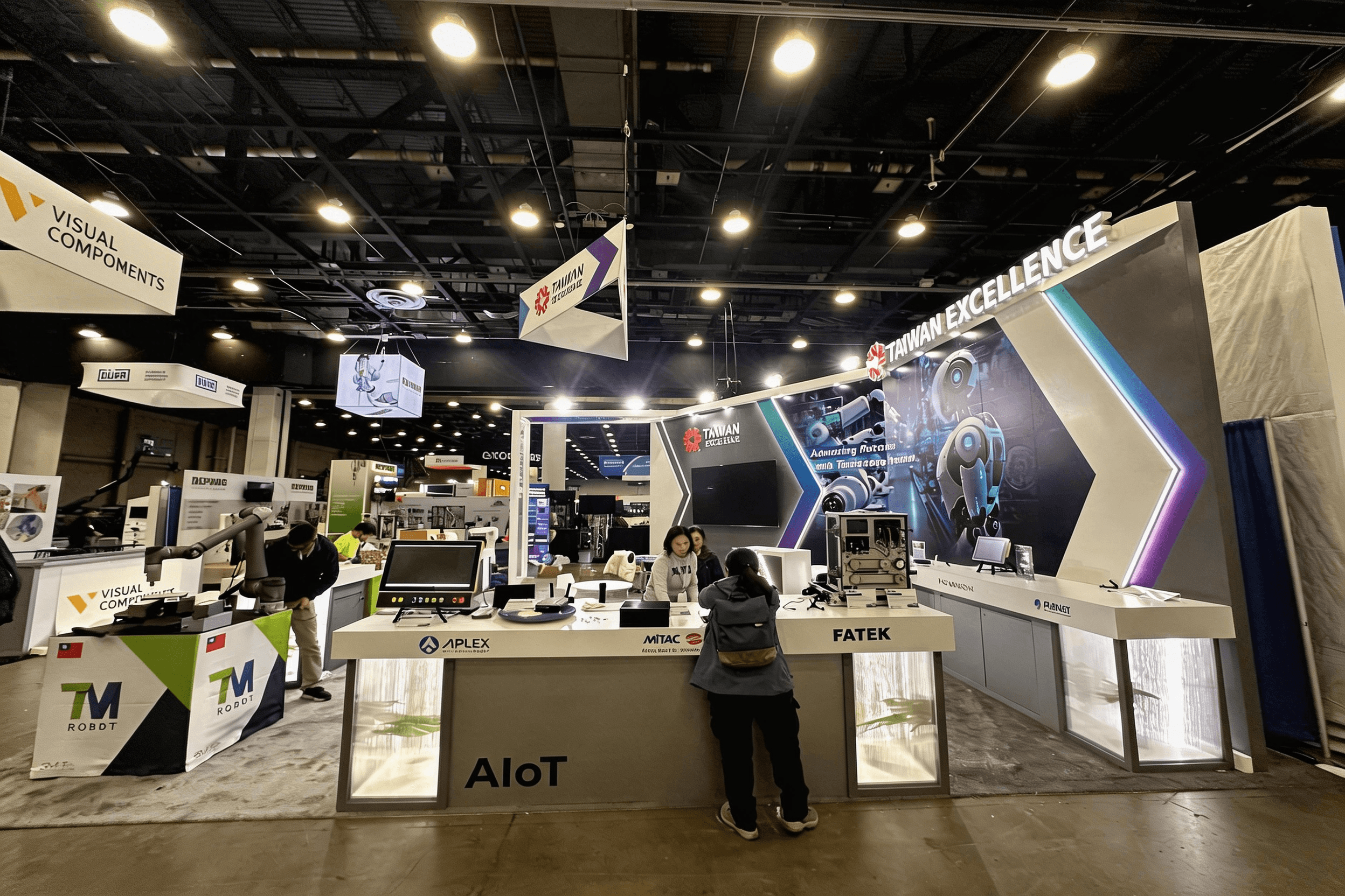 Front view of Taiwan Excellence backwall graphics and robotics showcase counters at Automate 2025.