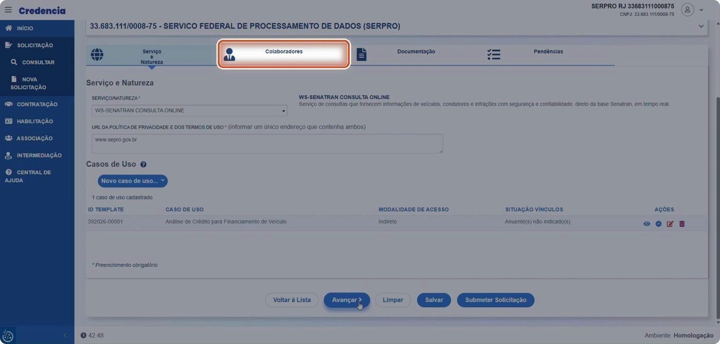 Captura de tela de referência do Credencia para Passo 1 — Abrir a etapa Colaboradores. Contexto: 29 — Colaboradores.