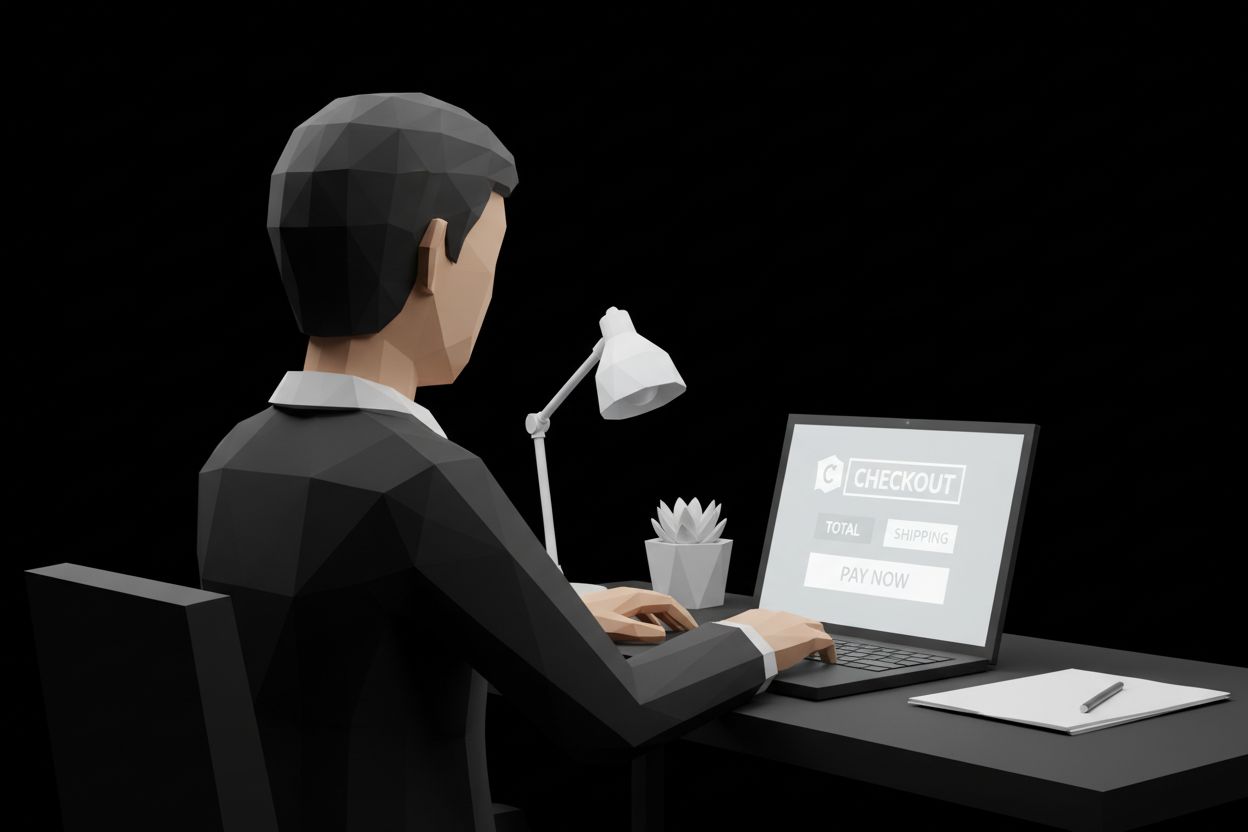 Pemilik bisnis meninjau halaman checkout di laptop