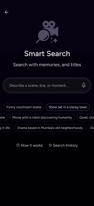 The "Smart Search" home screen featuring a natural language input field and AI-suggested visual prompts