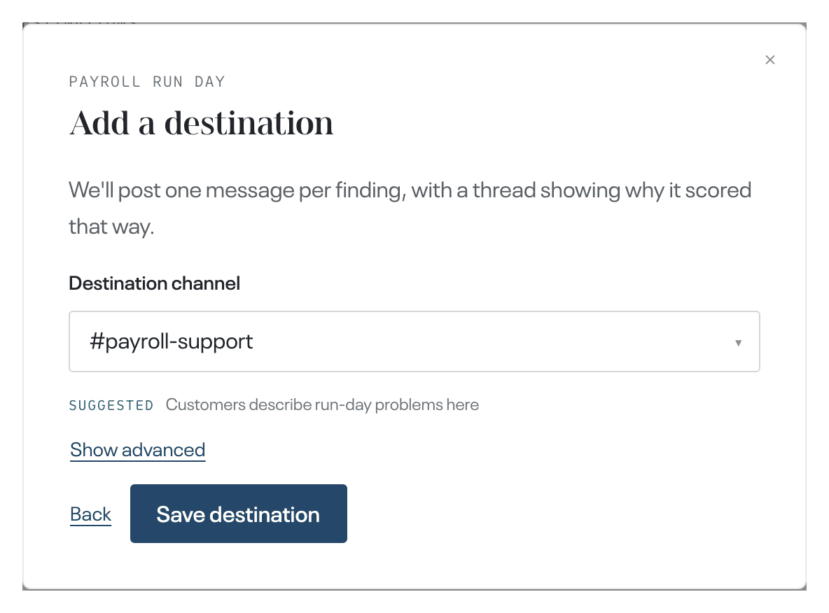 the channel choice · Destination channel with a suggested channel and its reason