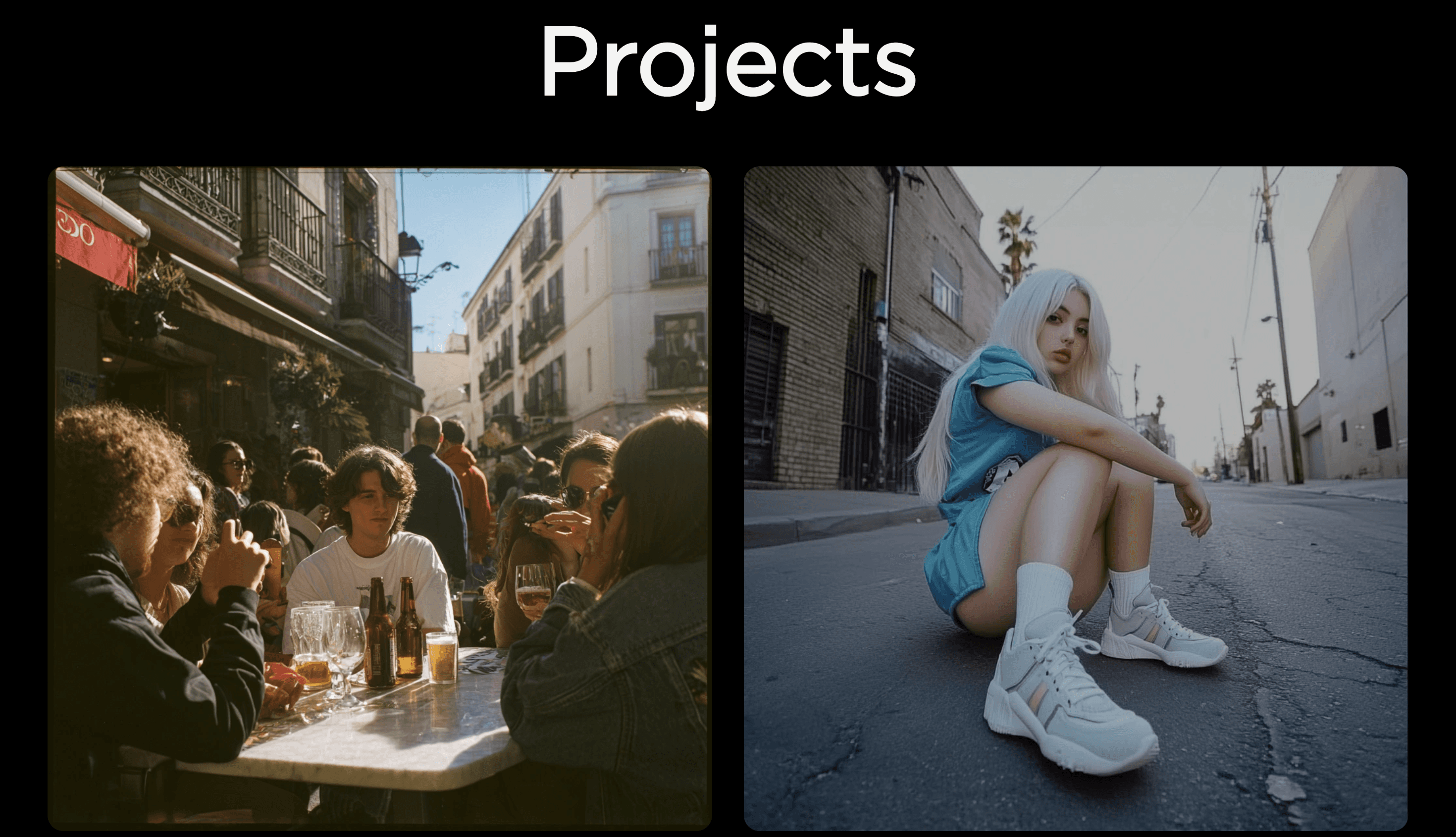 Two project images in a black section: left shows a group of friends at an outdoor café, right shows a woman with white hair squatting in the middle of an empty urban street.
