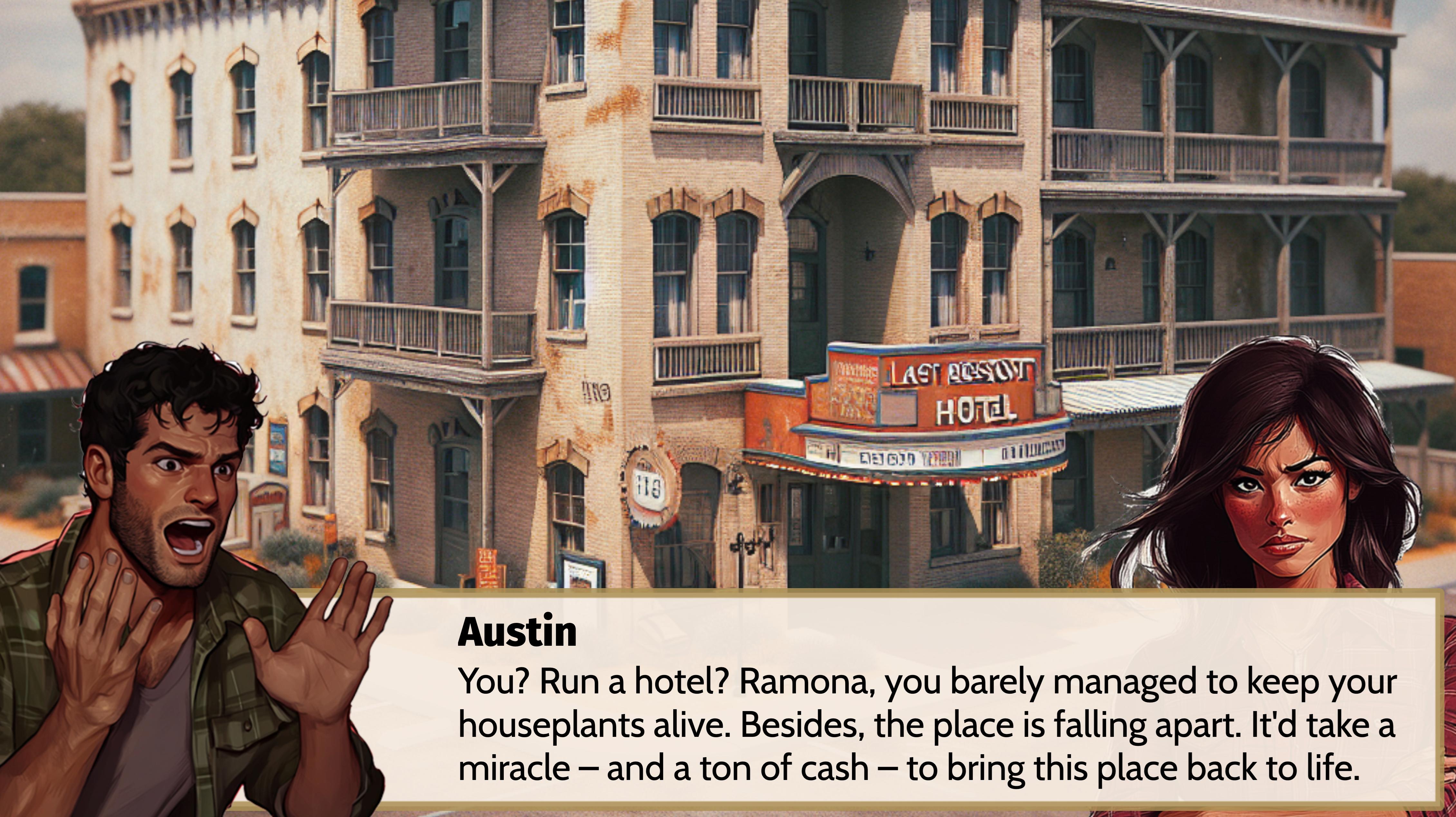 A narrative scene from the hospitality management eLearning simulator, showing characters Austin and Ramona discussing the hotel's future.