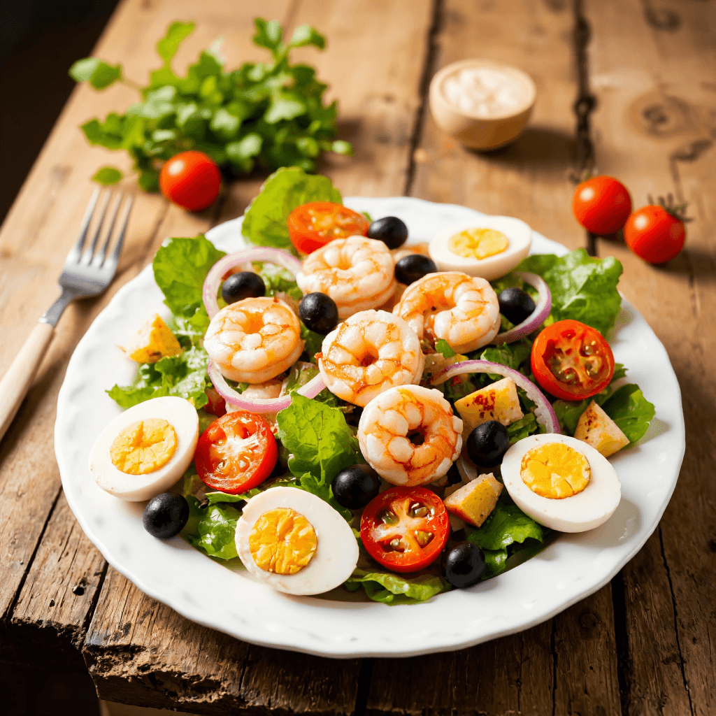product photography of a plate of shrimp salad with vegetables and eggs