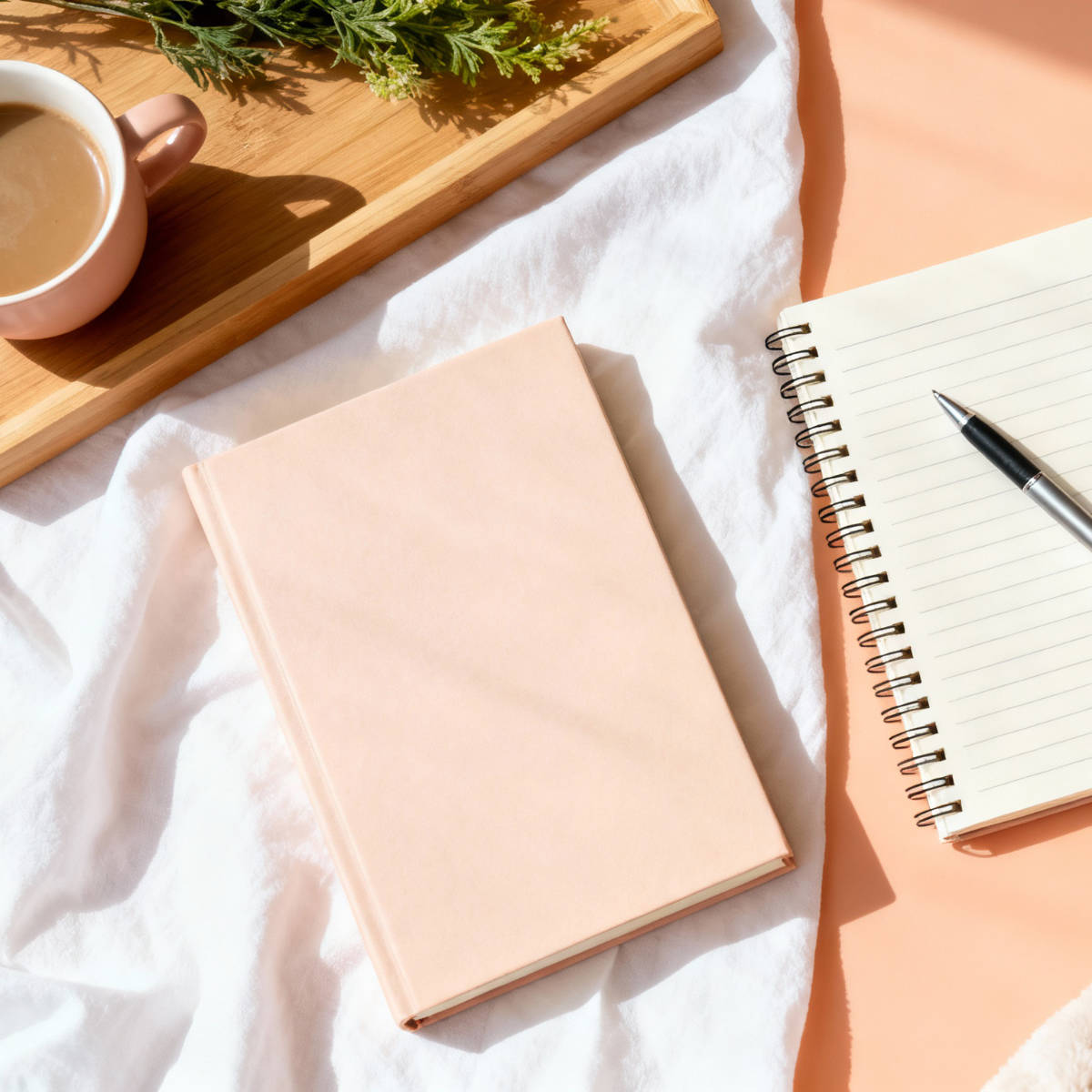 Top view of wooden tray with plant and coffee cup with notebooks and pen next to it