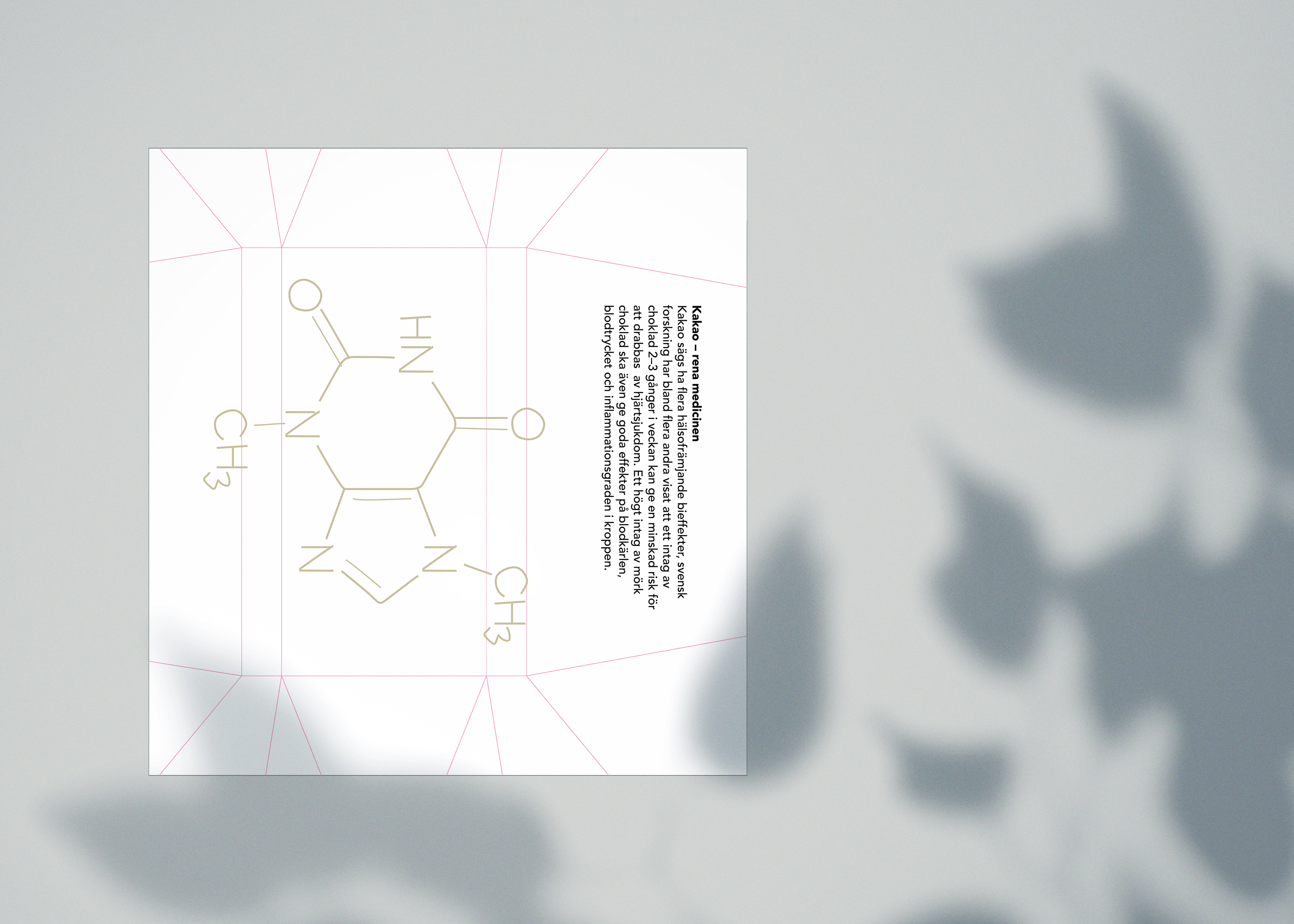 A close-up of the inside of a LAB Health Chocolate bar wrapper, with a  scientific illustration of a chemical compound, featuring a hexagonal structure with labeled atoms and bonds on a white background, and a text paragraph with company information. 