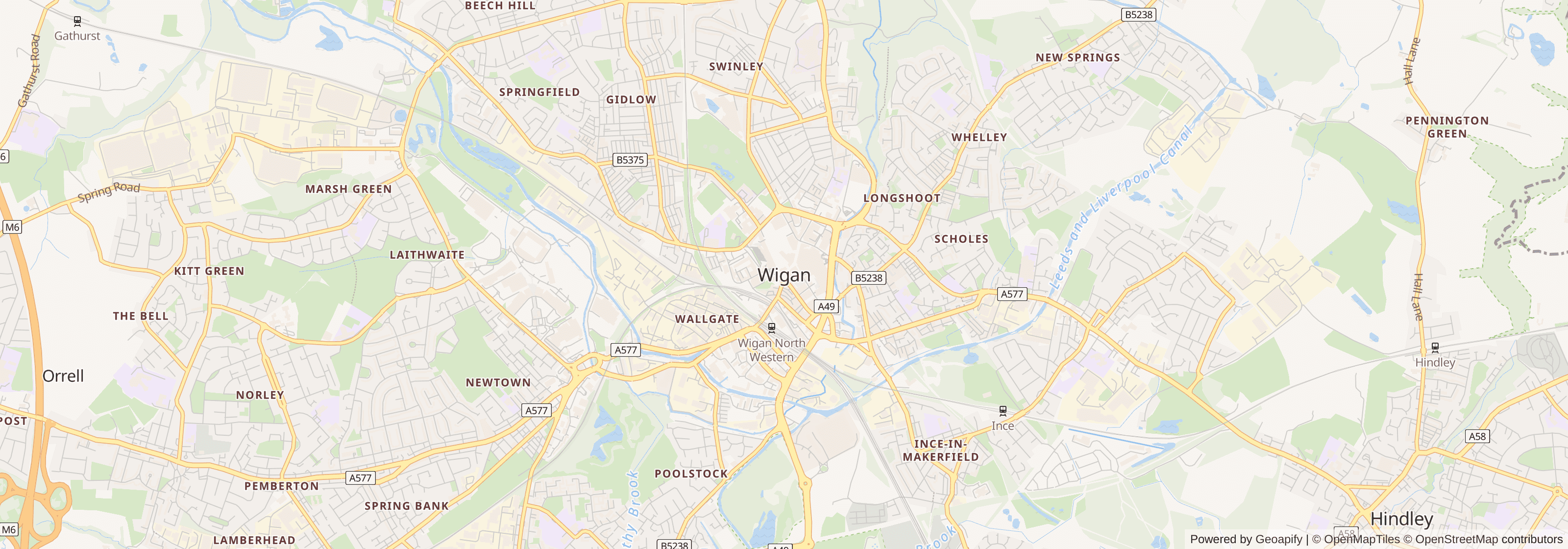 Street map of Wigan, Greater Manchester showing main roads and nearby areas