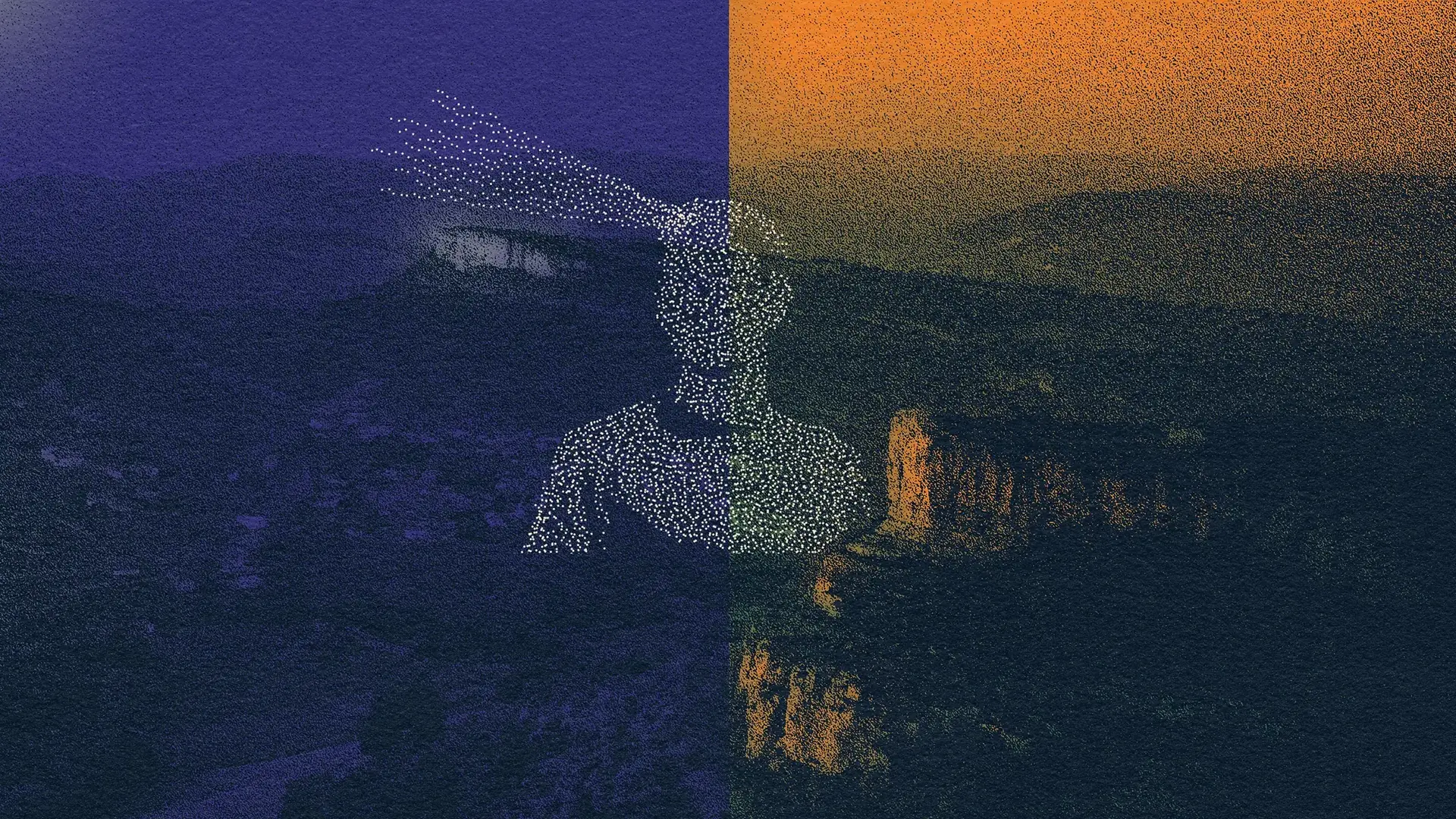 Affiche de l'Ultra Trail des 2 Roches séparée verticalement en deux : à gauche une ambiance nocturne bleue (Beaujolais), à droite une ambiance ensoleillée orange (Mâconnais). Au centre, une silhouette humaine stylisée composée de points blancs.