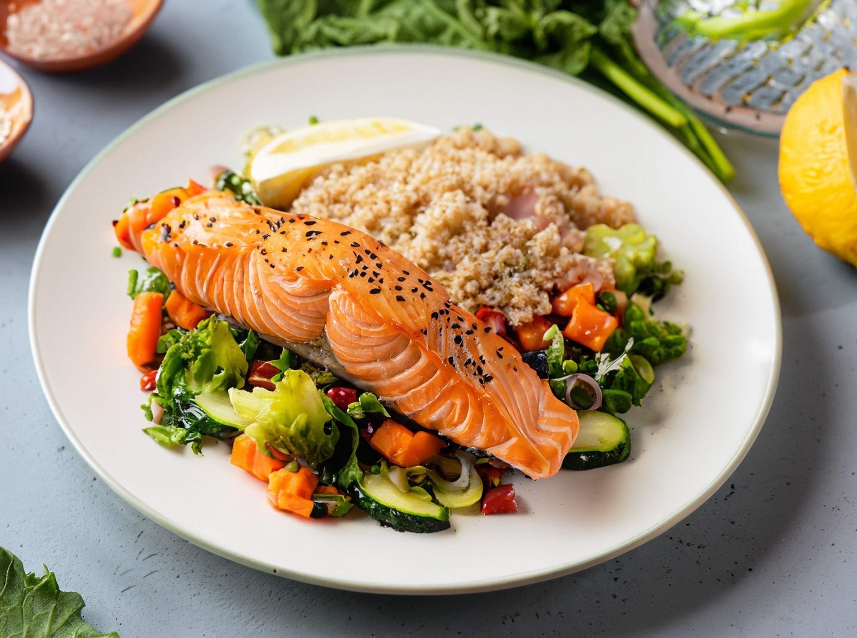 healthy meal of salmon with vegetables and quinoa as an example of ways to lose weight without working out