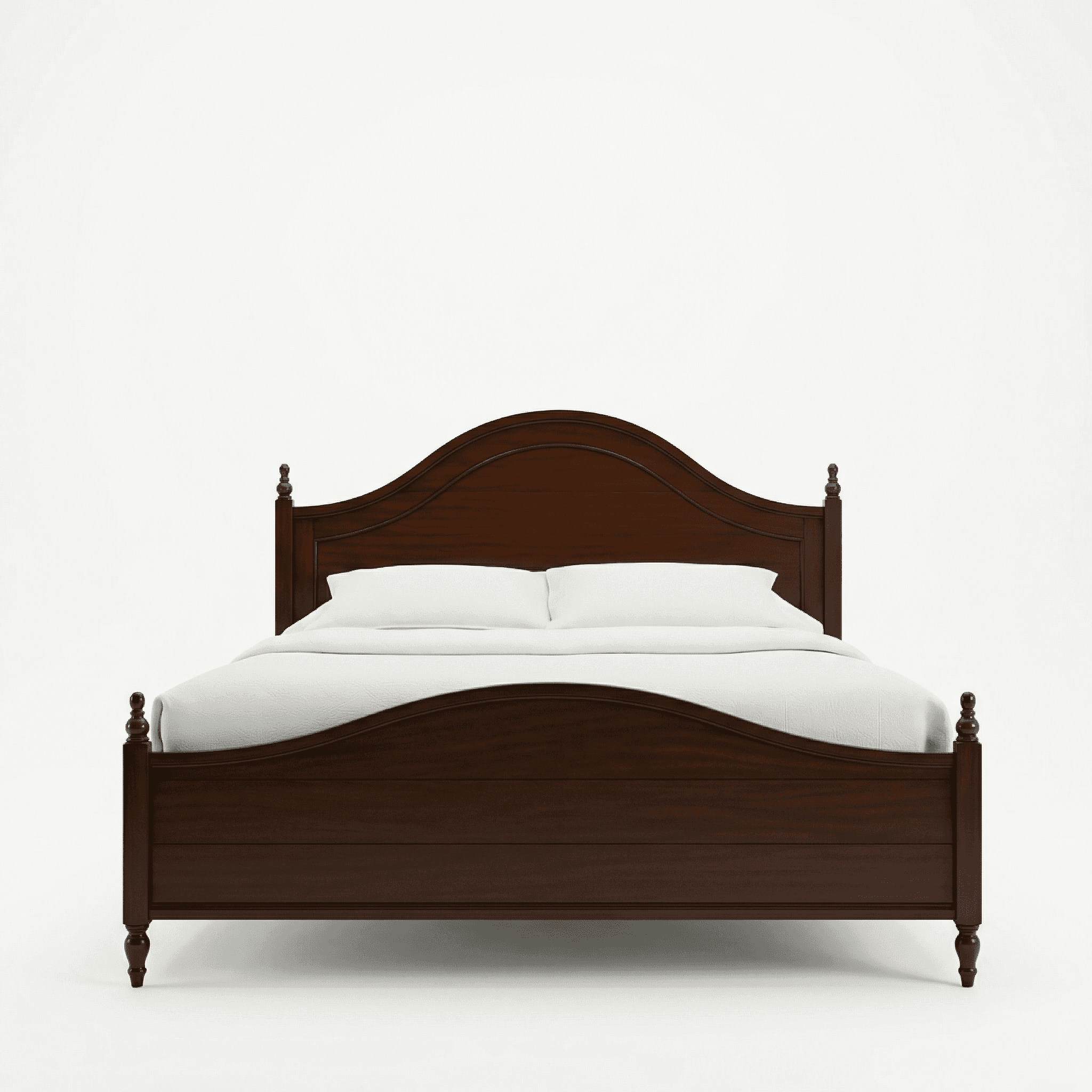 Wooden bed with arched headboard, curved top rail, and solid base construction