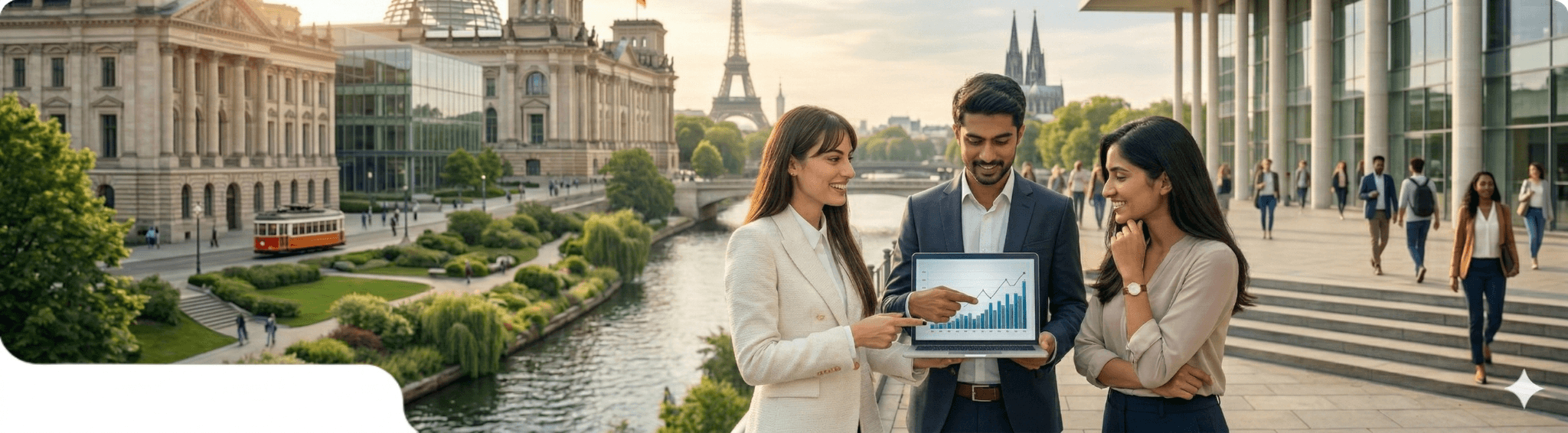 A professional business team of three diverse colleagues presenting data on a laptop outdoors in a scenic European city with a river, historic architecture, and the Eiffel Tower in the background. The central figure is a woman in a white blazer pointing at a growth chart on the screen, illustrating strategy and innovation.