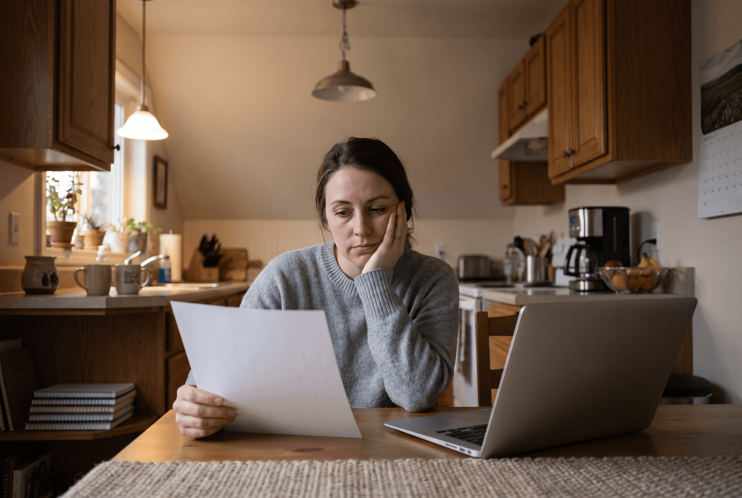 An employee sitting at a kitchen table looking at a health plan letter