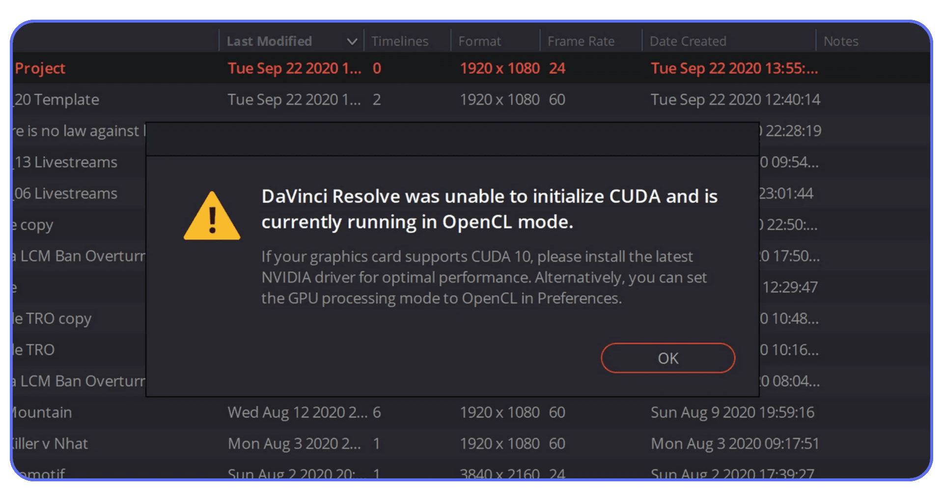 DaVinci Resolve warning message saying CUDA failed to initialize and the software has switched to OpenCL mode.