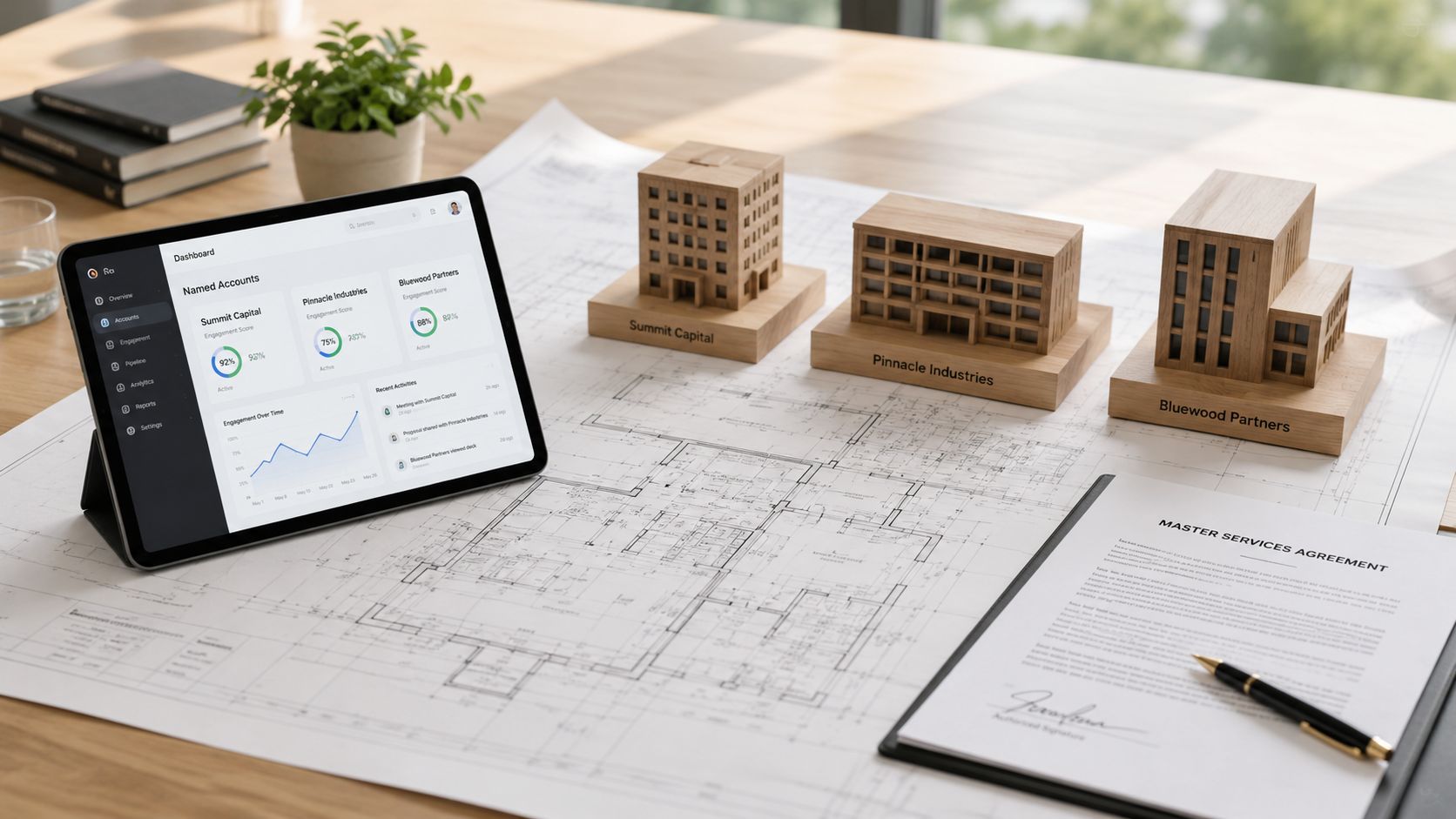 A tablet showing a sales dashboard next to architectural models and a service agreement on a desk.
