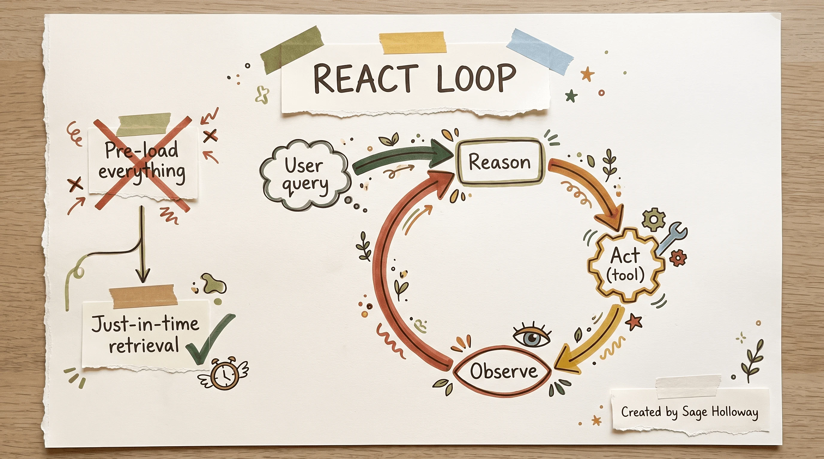 Scrapbook flowchart of a ReAct agent loop with just-in-time context retrieval