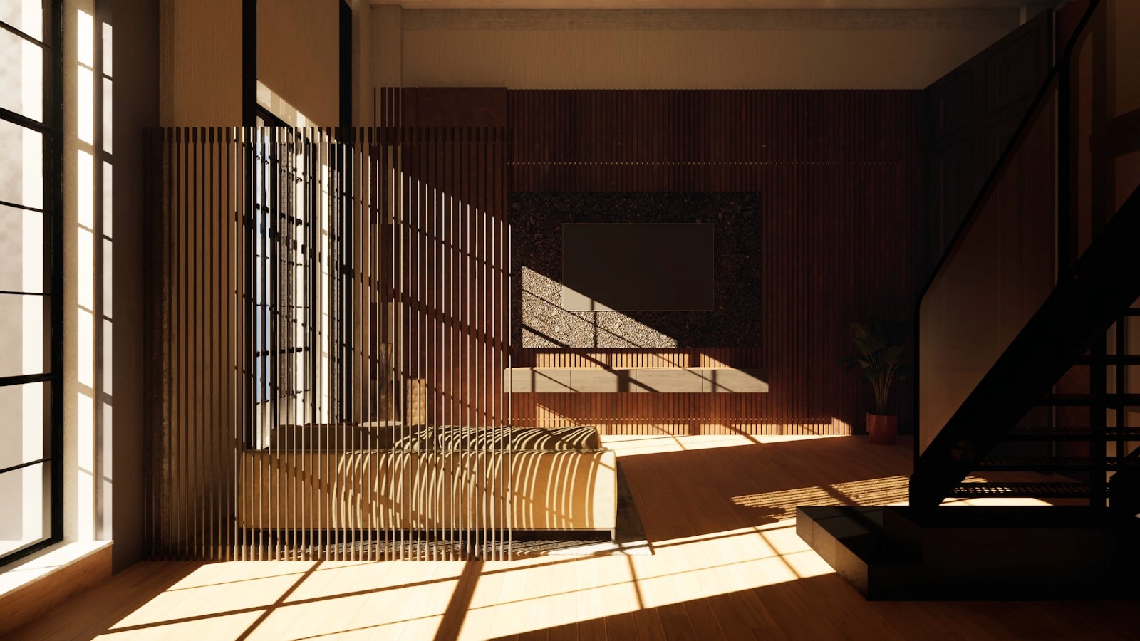 Sunlit interior with architectural shadows