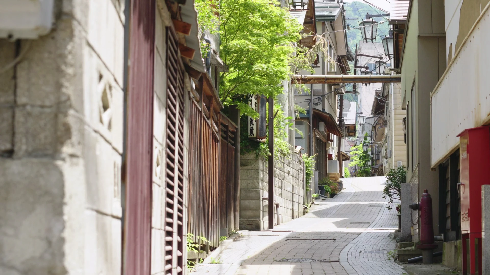 Stone lane in Shibu Onsen with bathhouse doors along it