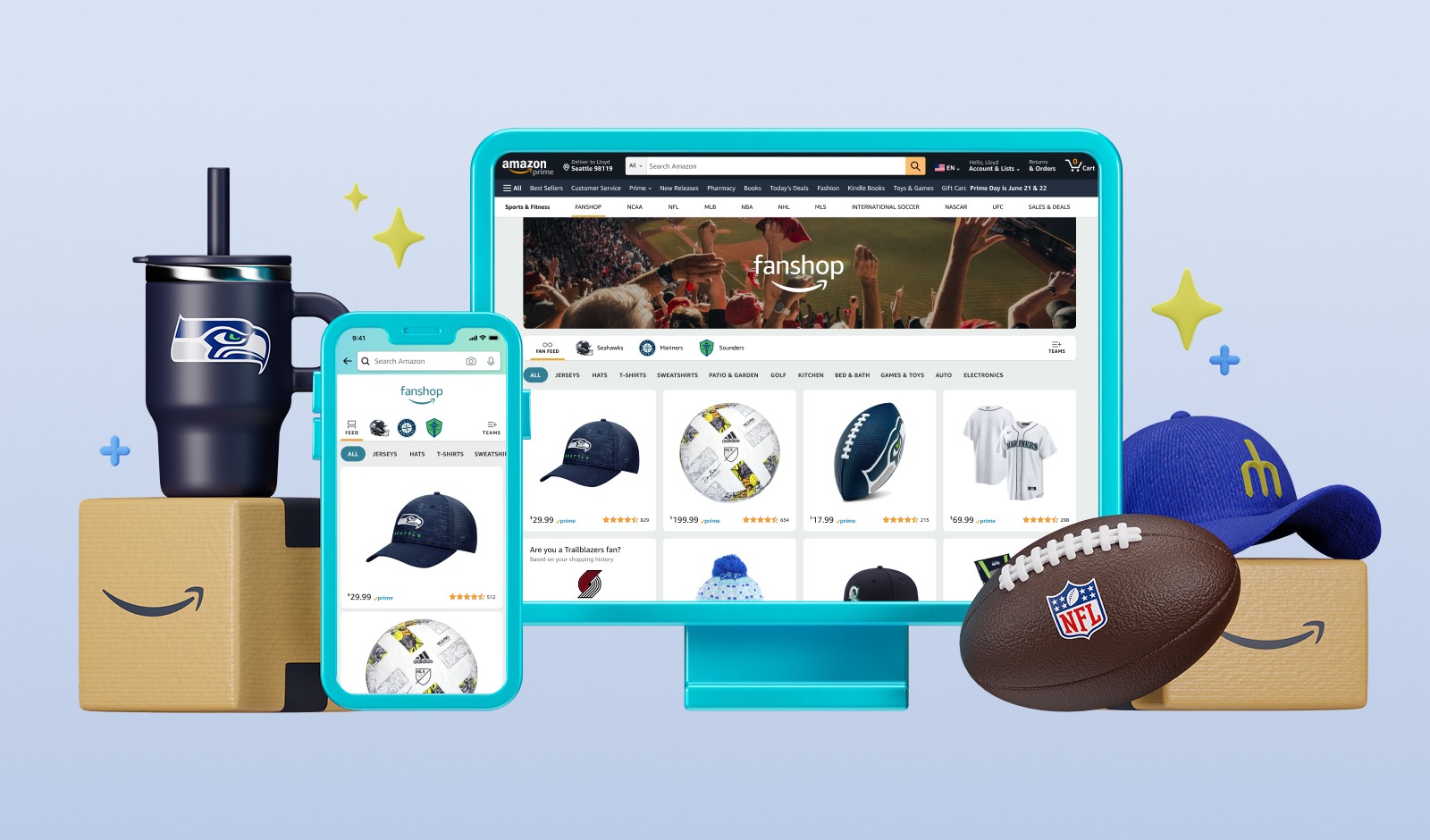 A stylized, 3D image of Fanshop mobile.