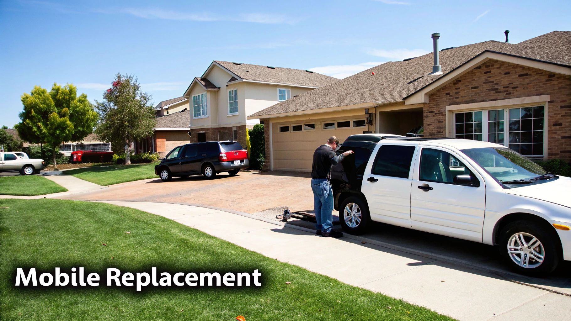 A man provides mobile auto glass replacement service on a white SUV in a residential driveway.