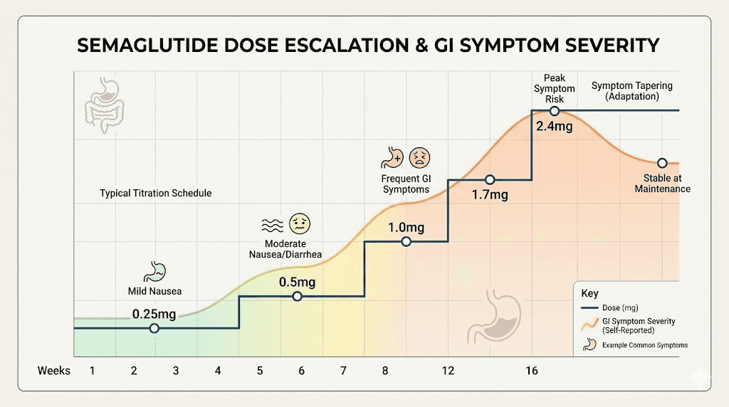 Semaglutide dose escalation timeline and acid reflux symptom severity chart