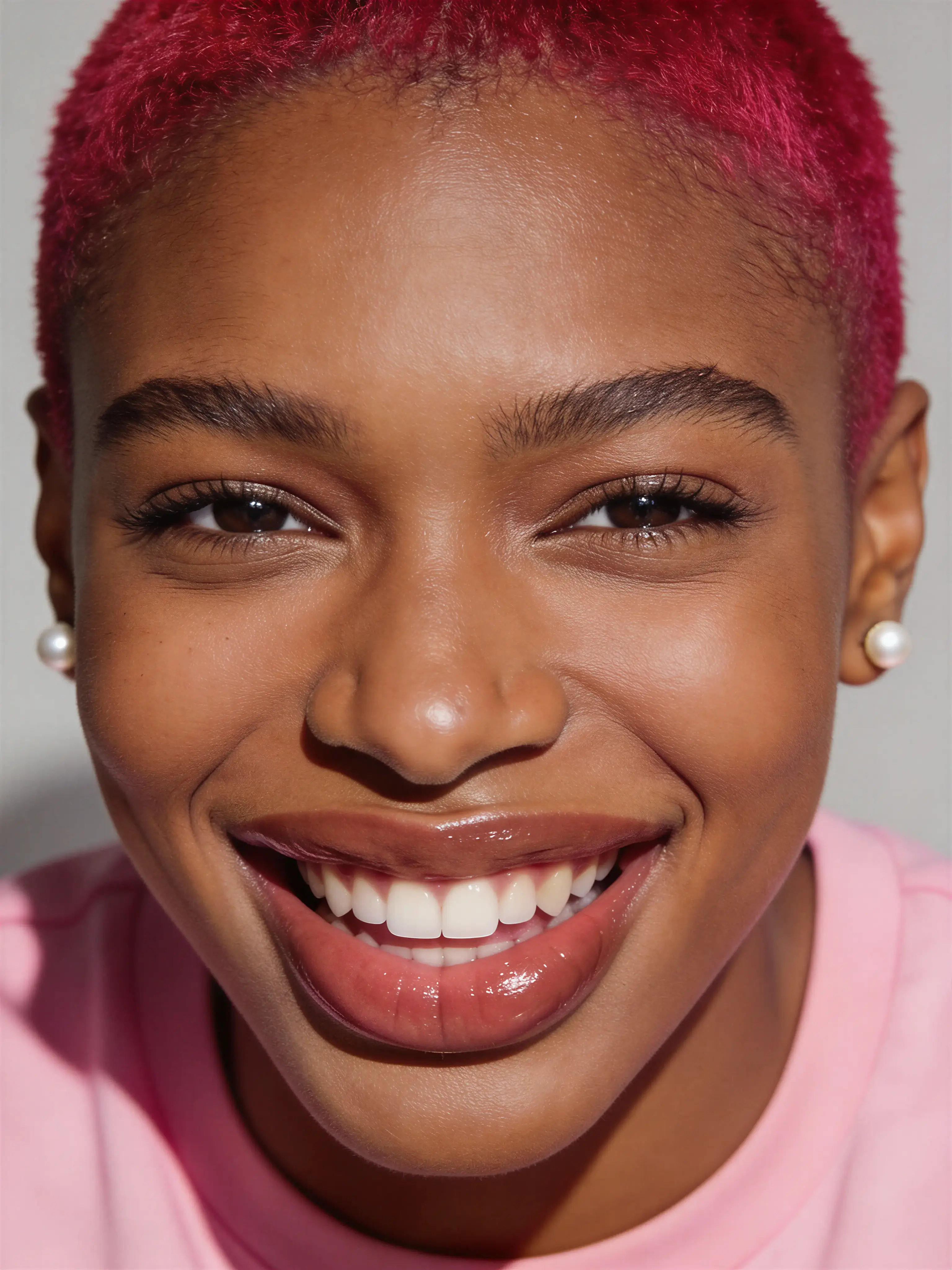 Close-up of a smiling person with natural skin and a warm expression