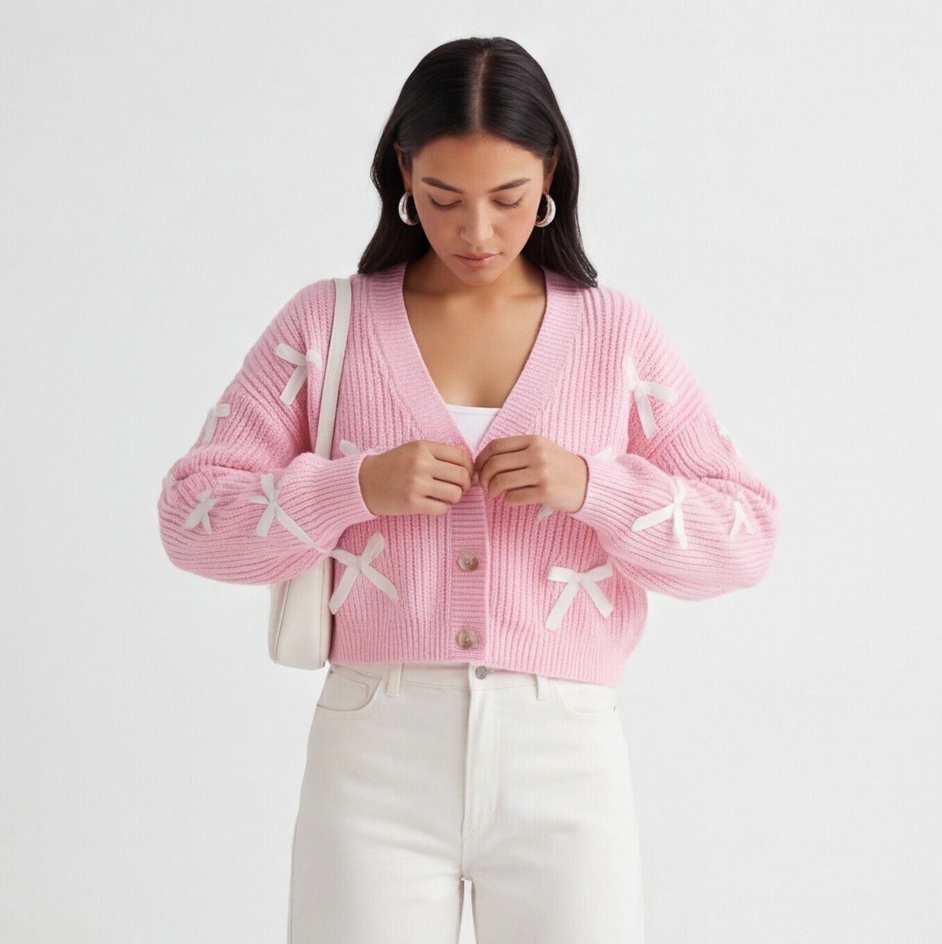 Pink Star Cardigan with White Camisole and Cream Pants