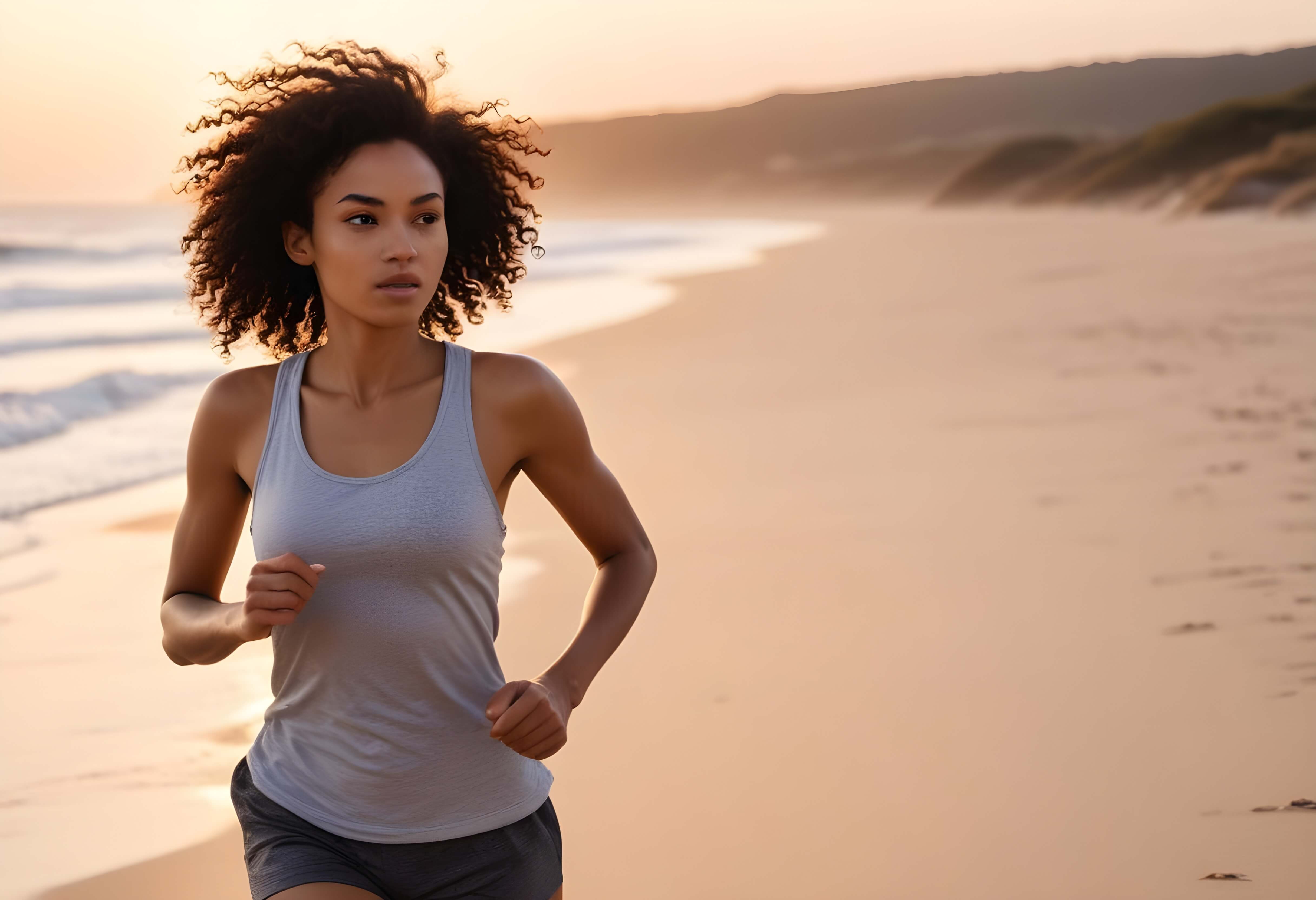 A young woman running along a beach