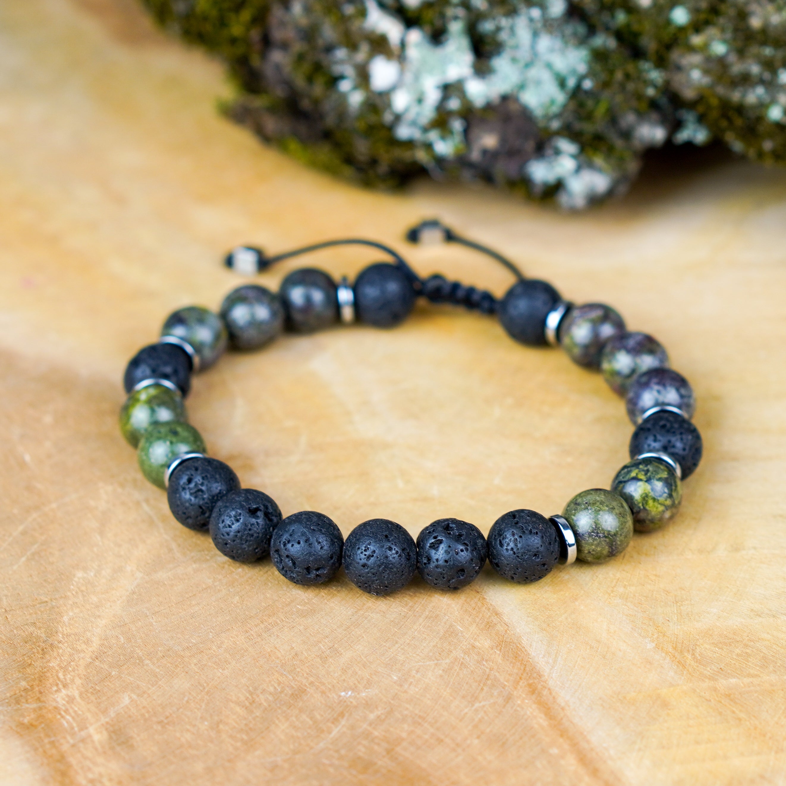 Surowa bransoletka męska z kamieni naturalnych jaspis smoczy, lawa i hematyt, kolekcja RAW