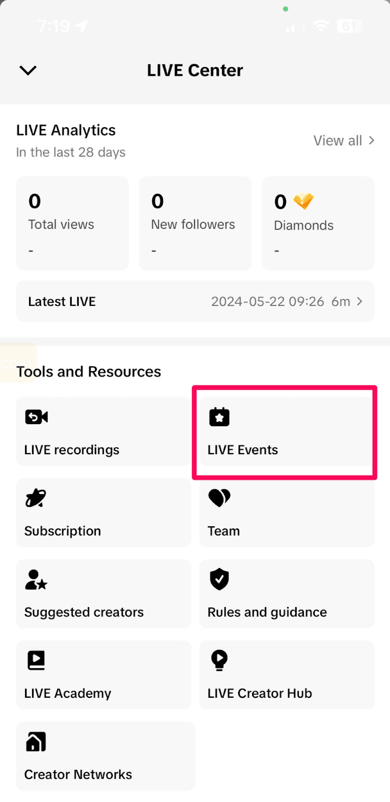 A screenshot of the TikTok LIVE Center showing LIVE Events highlighted under Tools and Resources.