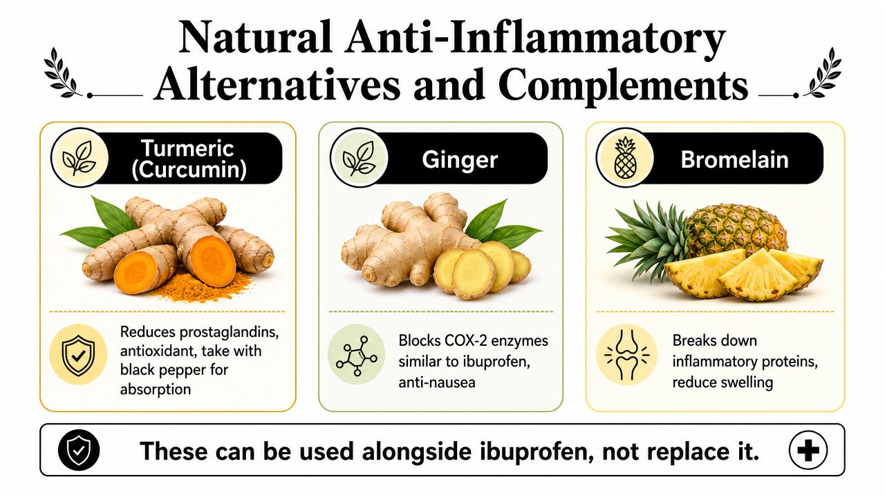 An infographic showing natural anti-inflammatory supplements including turmeric, ginger, and bromelain as complements to ibuprofen.