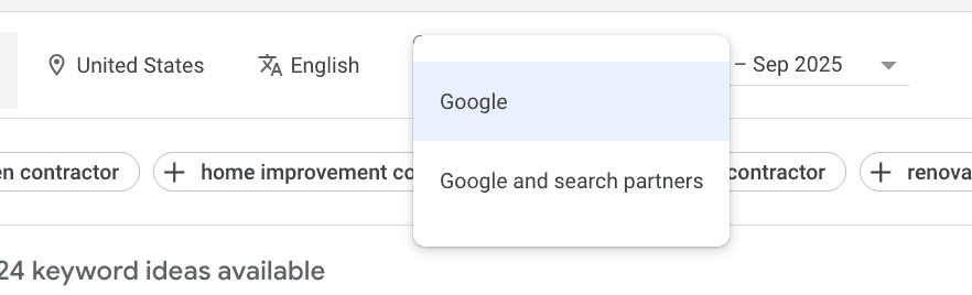 Google Keyword Planner network selection dropdown with options for Google only or Google and search partners