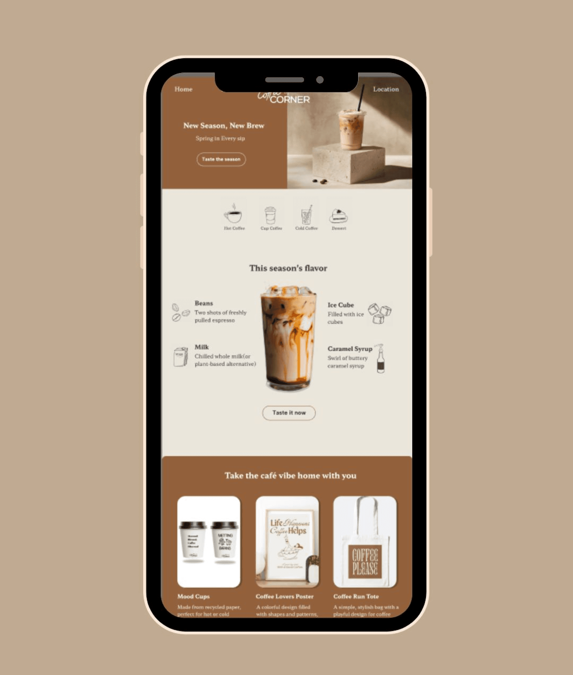Telefon der viser kaffe websitet, omgivet af en beige baggrund