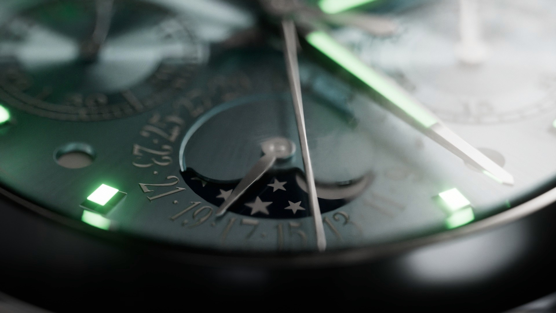 Fotorealistisches 3D-Rendering einer Uhr mit Fokus auf Zifferblatt, metallische Reflexionen und grüne Leuchtindizes