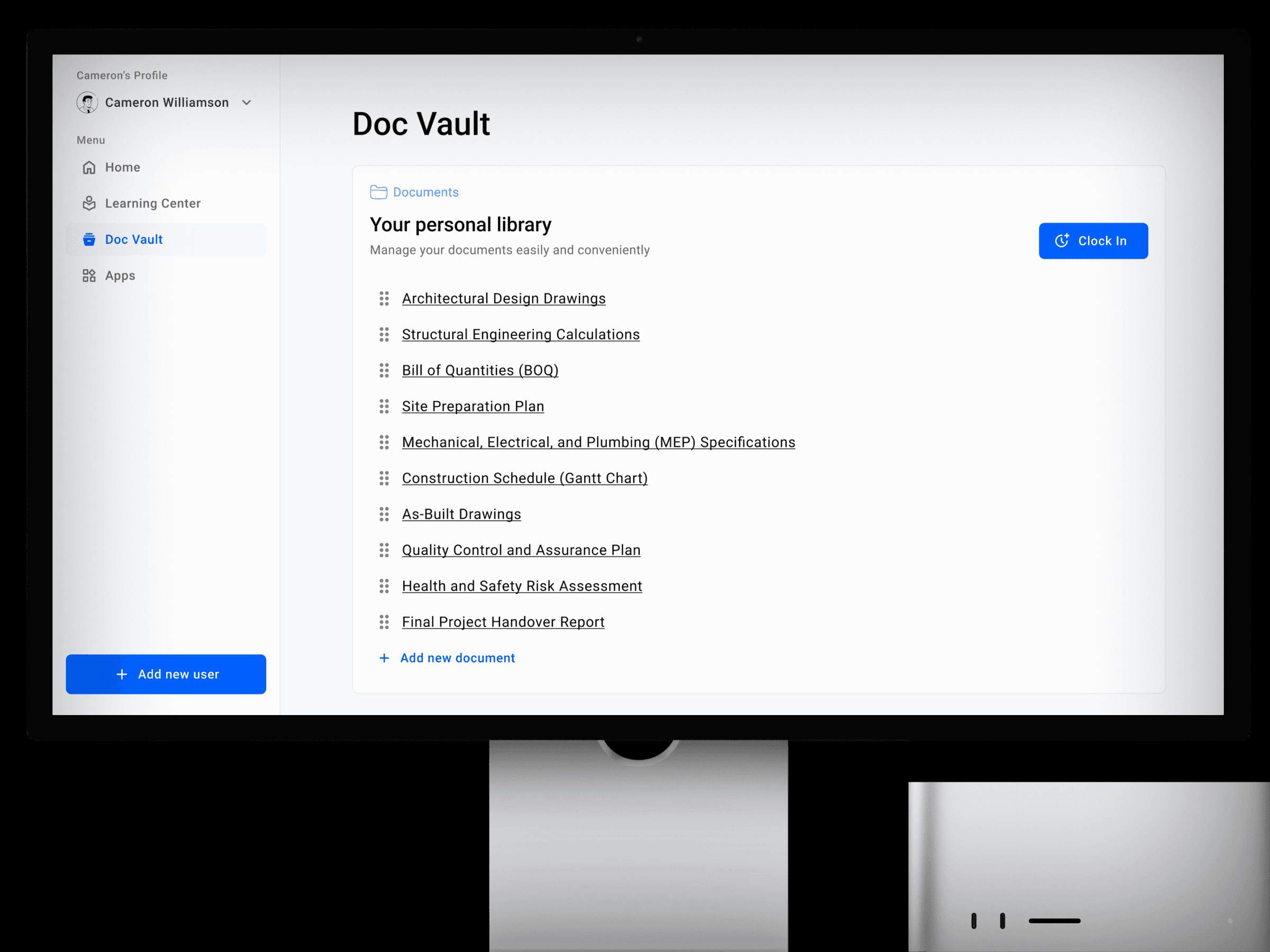 Computer screen displaying "Doc Vault" interface with a document list, including Architectural Design Drawings and Site Preparation Plan, in a clean, organized layout.