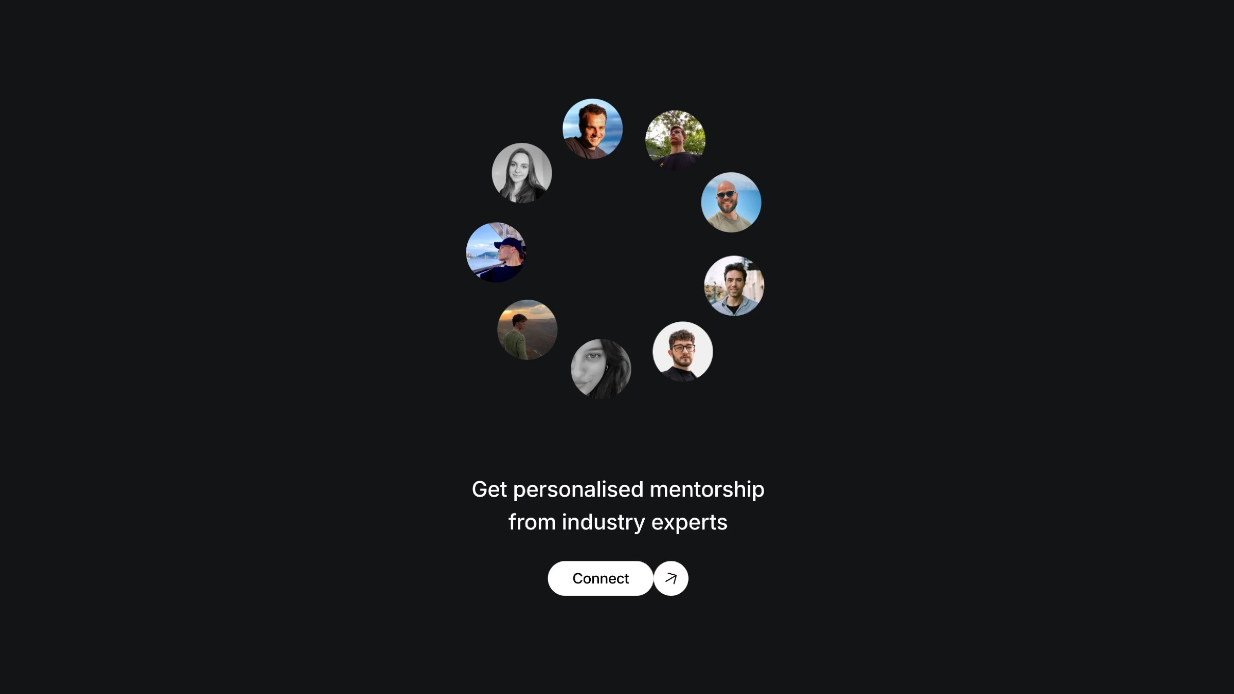 Circle of profile images representing industry experts, with a call to action for personalized mentorship and a 'Connect' button on a dark background