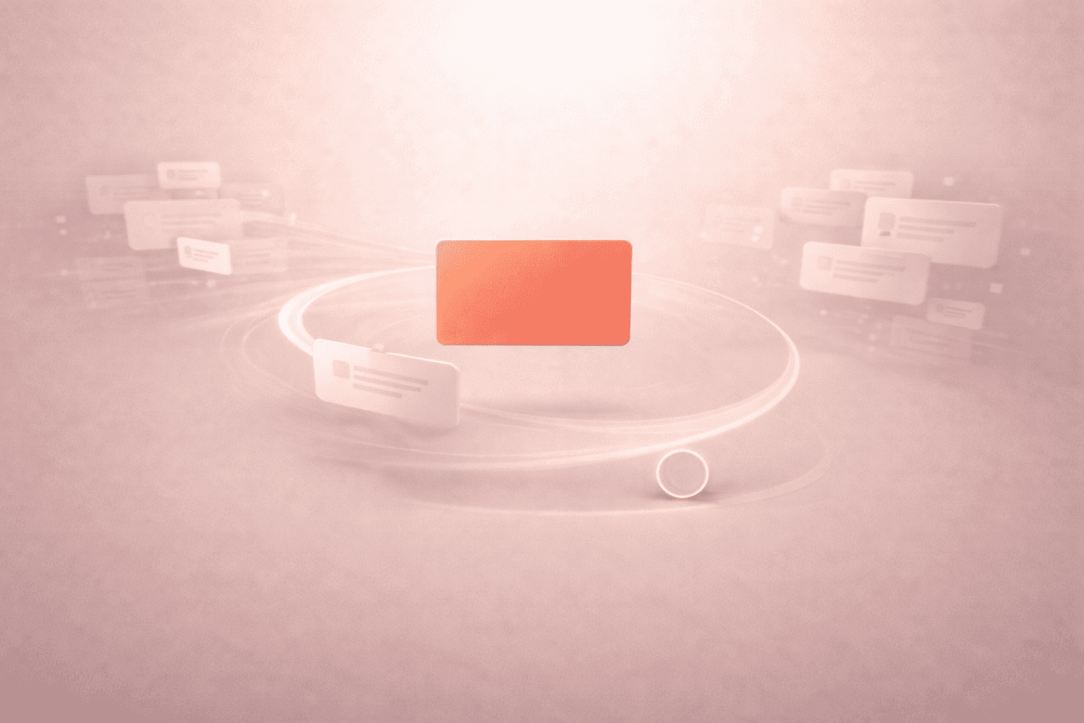 Minimalistische 3D-Illustration auf warmem cremebeigem Hintergrund mit einer zentralen korallorangenen Fokus-Karte, umgeben von mehreren transparenten Aufgabenclustern, einer geschwungenen Verbindungsbahn für geplante Wechsel und einem kleinen Timer-Ring am unteren Rand.