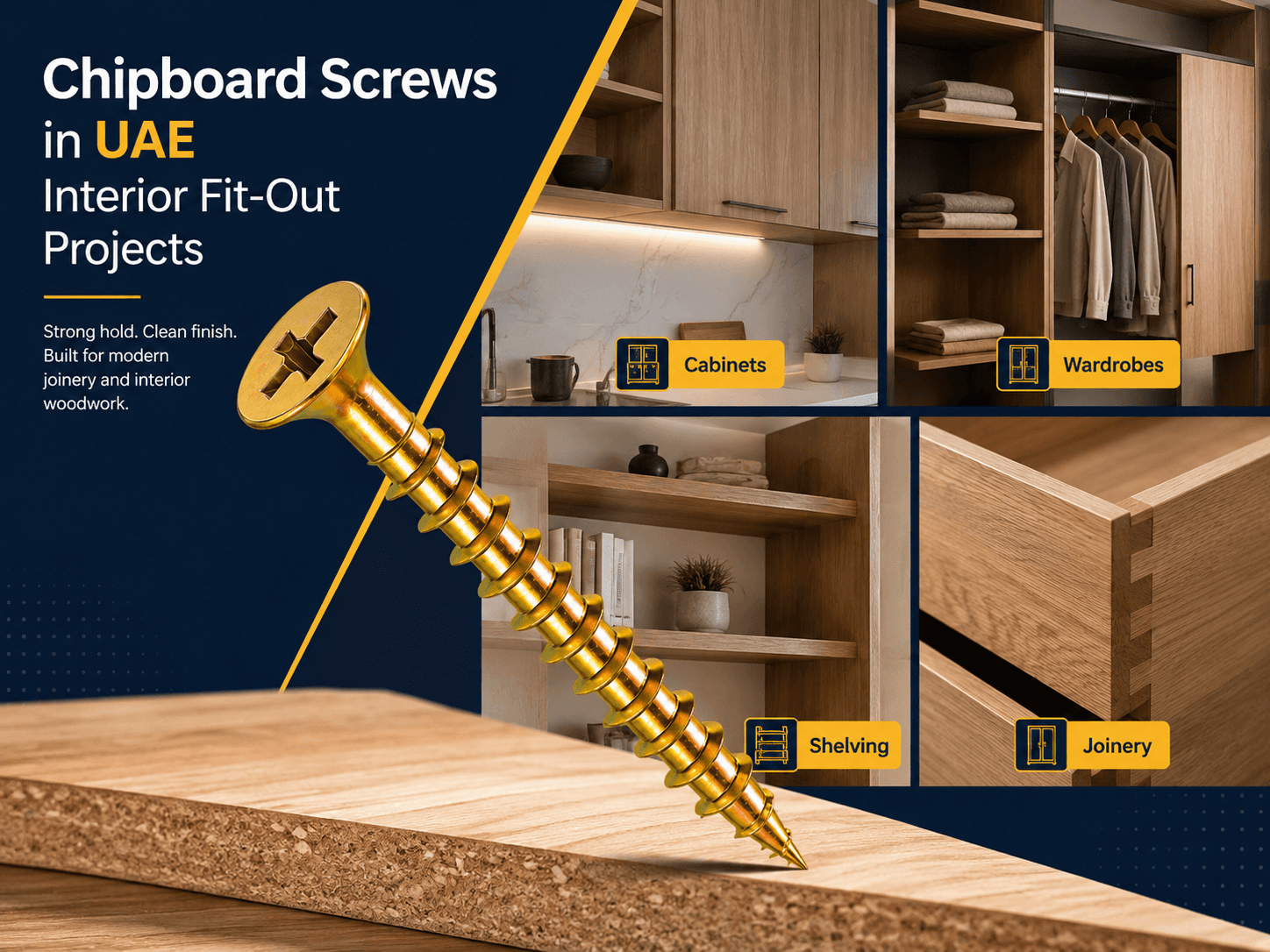 Chipboard screws for UAE furniture, joinery and interior fit-out projects