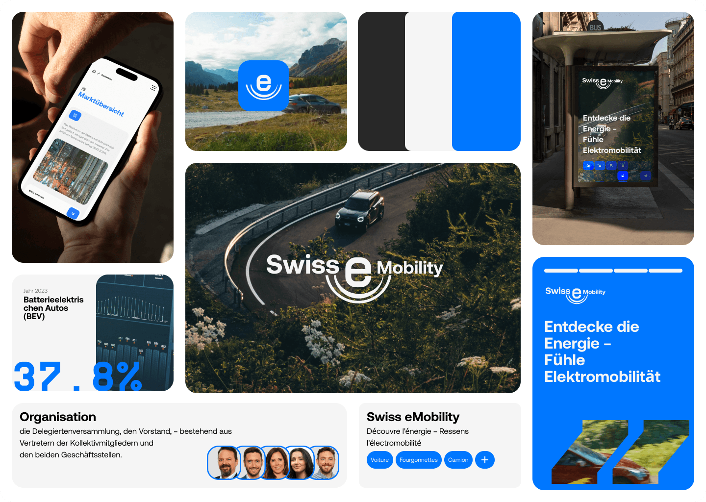 Branding-Konzept für die Website swiss-emobility.ch, zeigt modernes E-Mobilitätsdesign mit Logo, Farbschema, Typografie, digitalen Werbeanzeigen und einer Autobahnstraße in natürlicher Umgebung