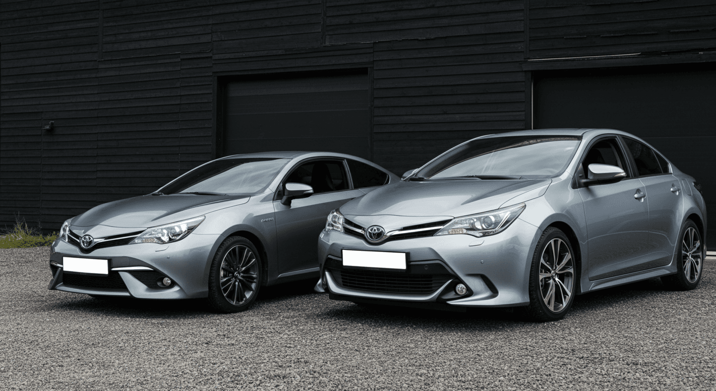 An Audi A3 parked infront of an industrial black building.