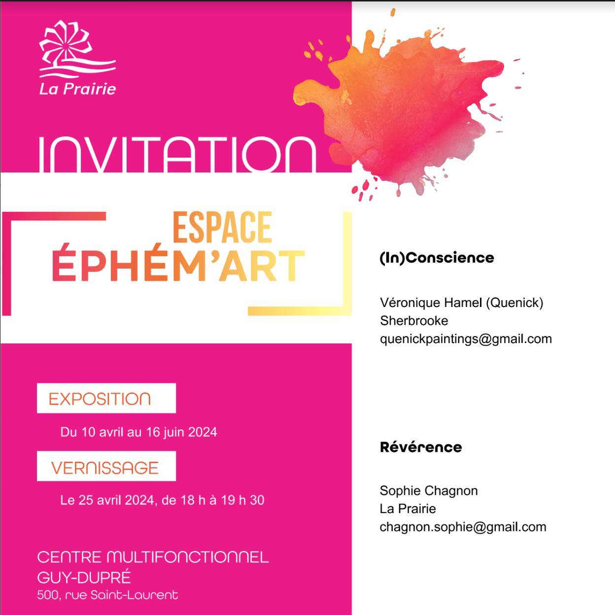 Invitation vernissage Quenick La Prairie 25 avril 2024