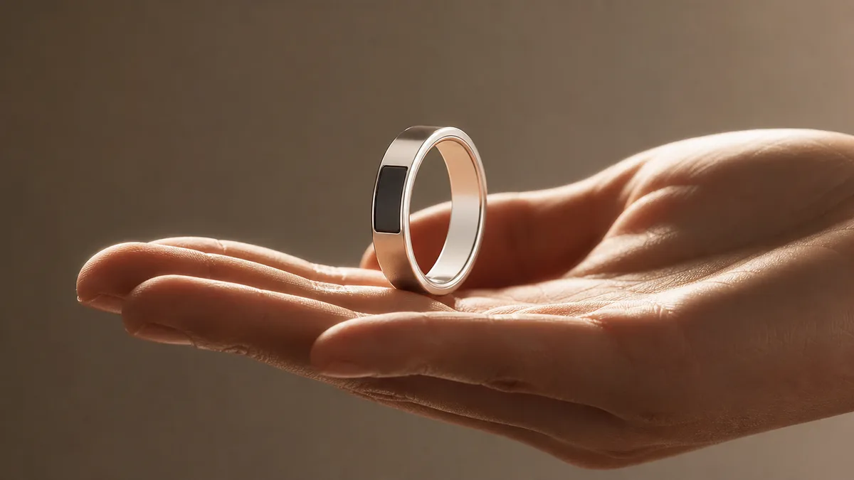 Slim silver smart tasbih ring balanced on an open palm in warm side light