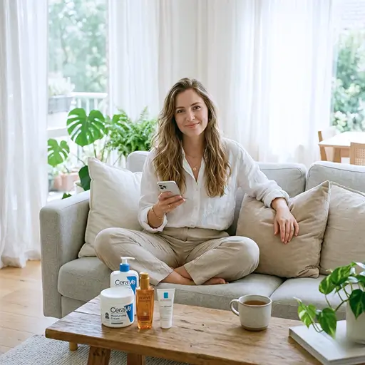 Woman sitting cross-legged on a sofa holding her phone, with skincare products on the coffee table in front of her, representing a Chemist Warehouse shopper using Whisprice to check price history before buying during a promotion