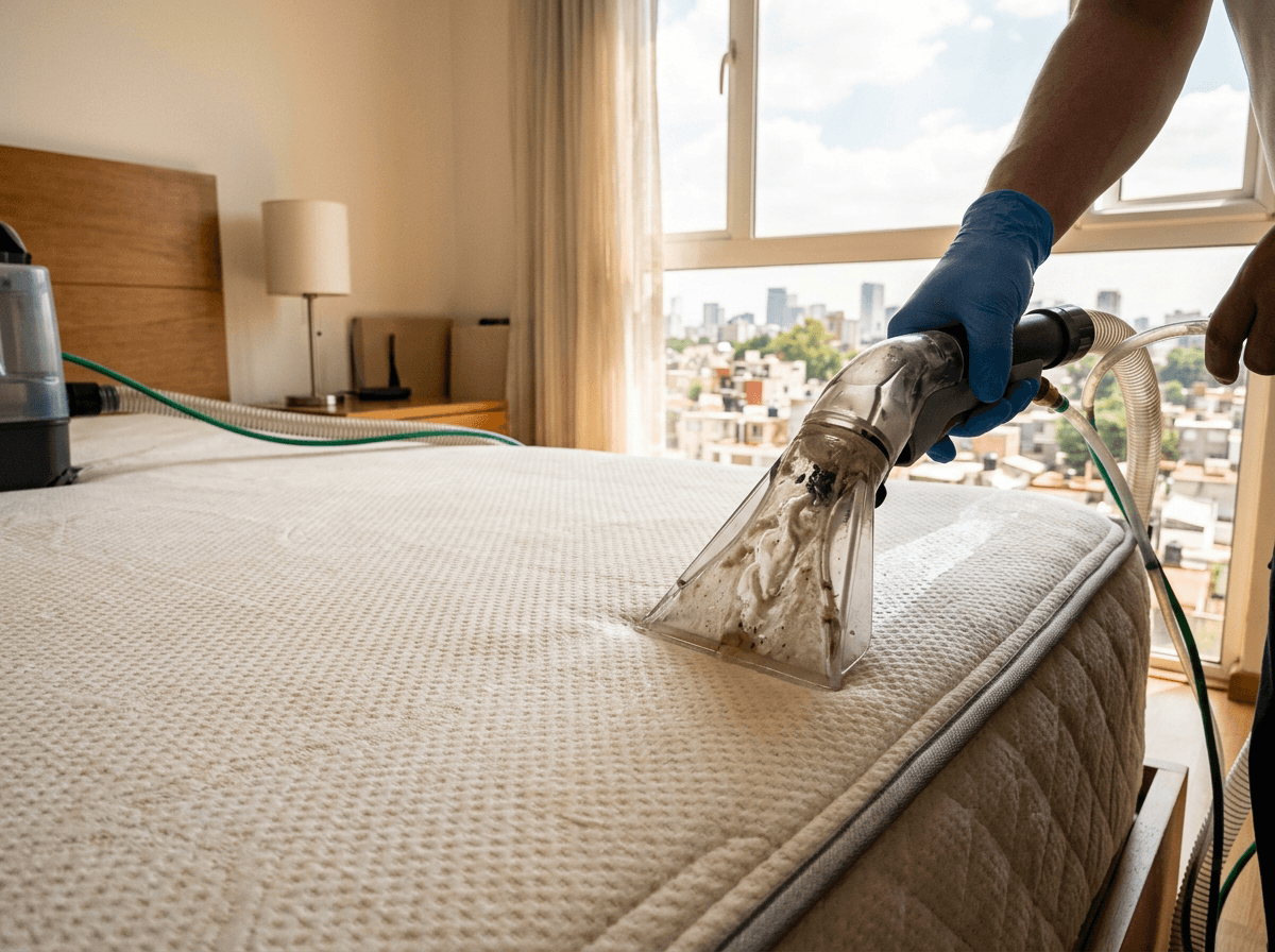 Close-up de colchón limpio con máquina de extracción en uso