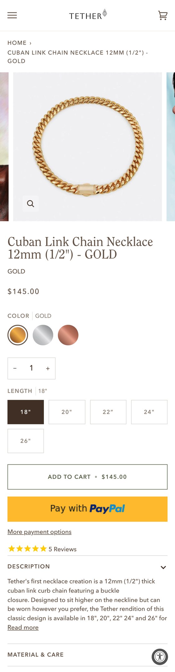 Jewelry product options include: necklace, chain for Cuban Link Chain Necklace 12mm (1/2 from Tether.