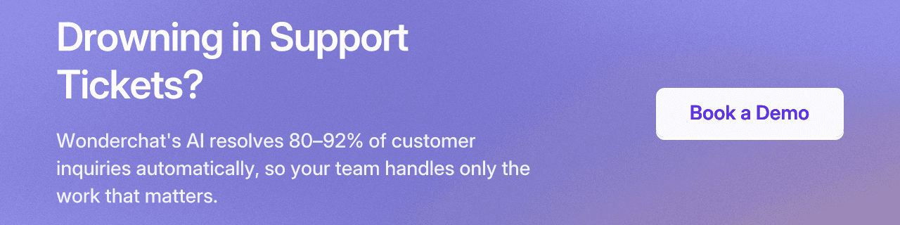 Drowning in Support Tickets? Wonderchat's AI resolves 80–92% of customer inquiries automatically, so your team handles only the work that matters. Book a Demo.