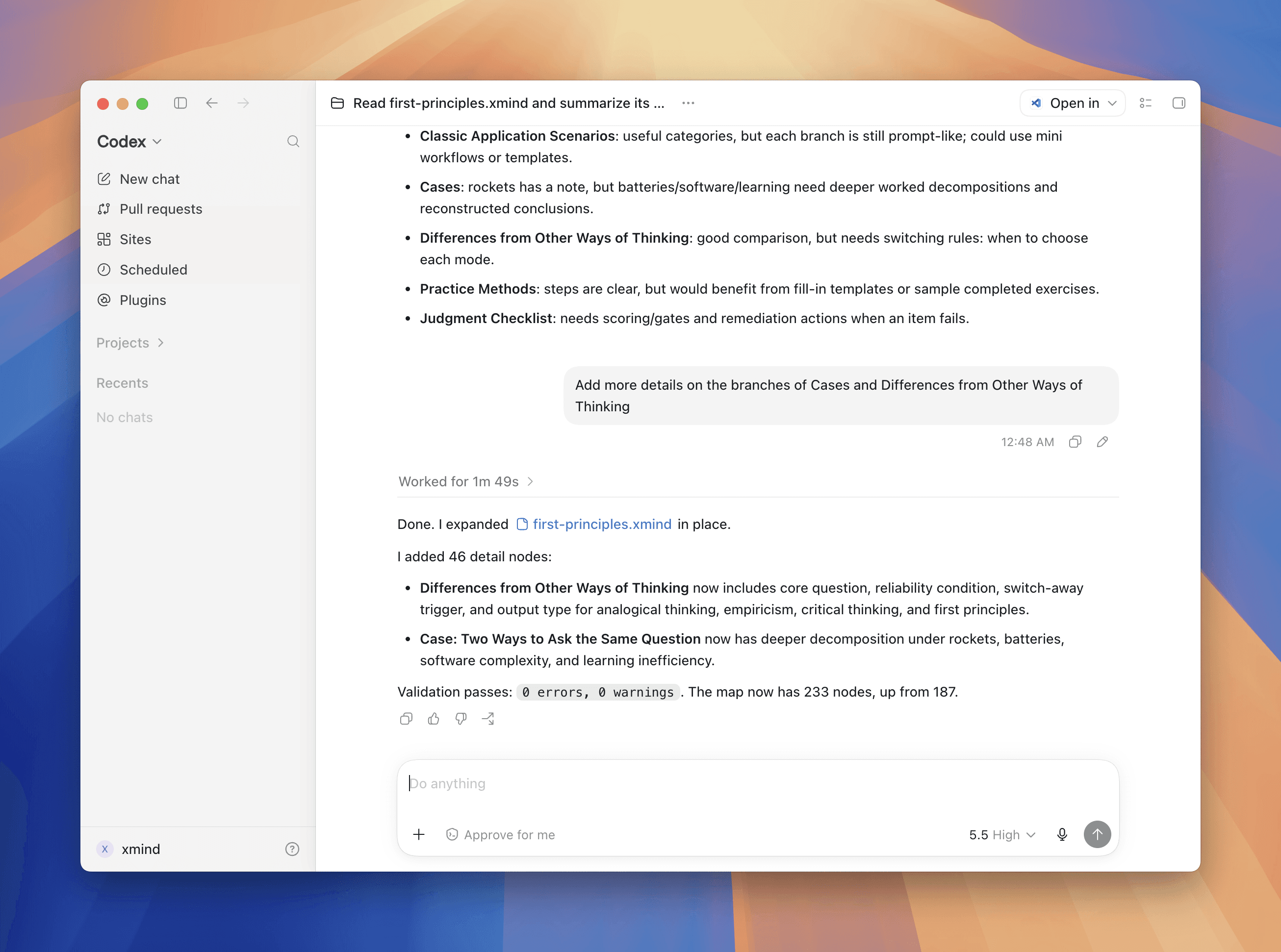 The agent reads the file, applies the requested changes, validates it, and the updated map opens in Xmind with the original unrelated branches preserved.