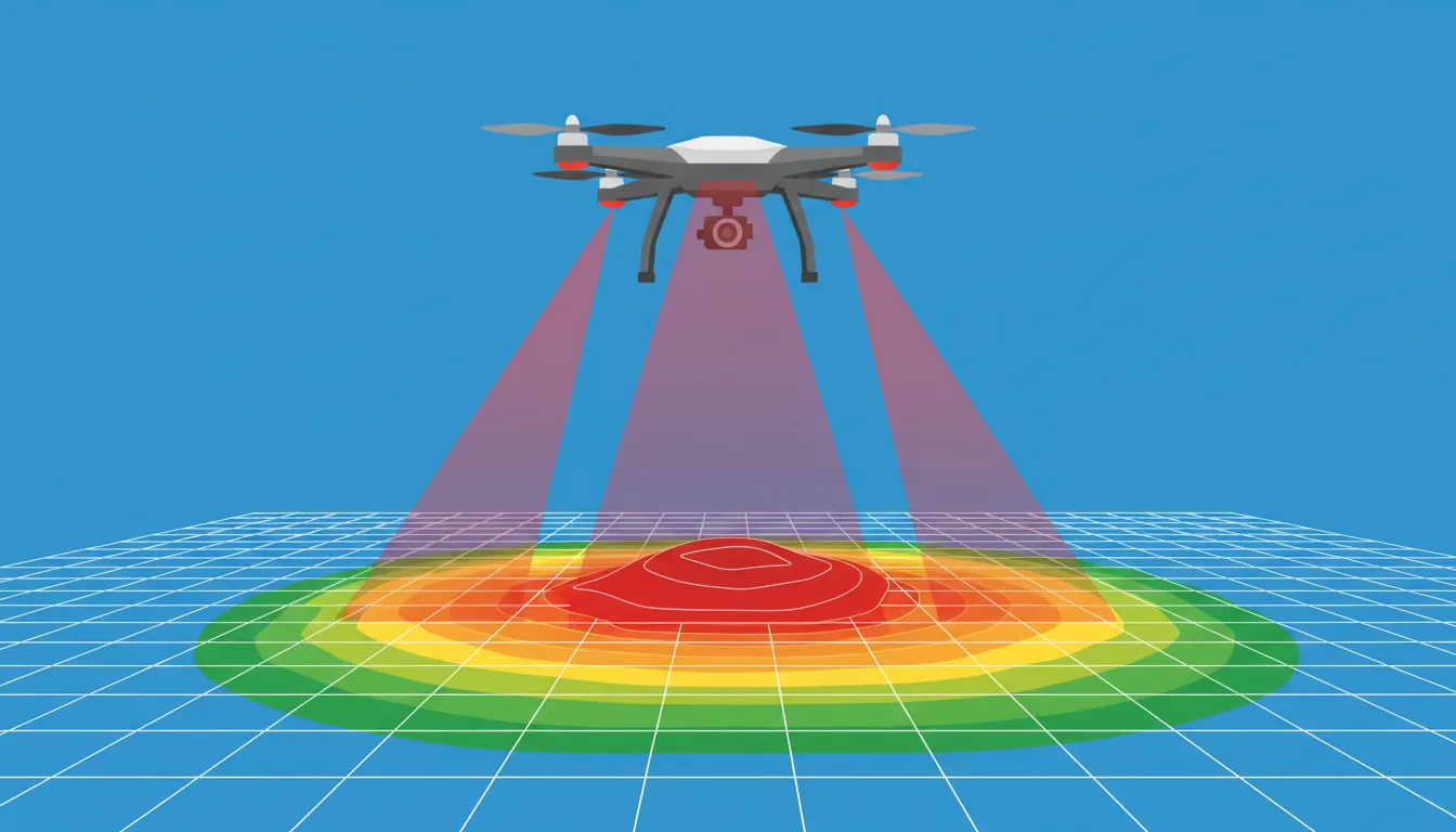 Vector illustration in a clean, infographic style, demonstrating a photogrammetry survey. A grey and white quadcopter drone hovers in a solid blue sky, emitting a fan of red sensor scan lines downward. The ground is a digital terrain model shown as a white perspective grid overlaid with a colorful topographical heat map using shades of green, yellow, orange, and red to show elevation. Technical diagram, flat solid colors, data visualization concept.
