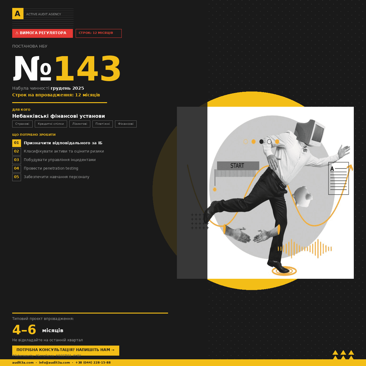 Банер Active Audit Agency: Постанова НБУ №143 — вимога регулятора для небанківських фінансових установ. Строк впровадження 6-8  місяців. Колажна ілюстрація у фірмовому стилі AAA.