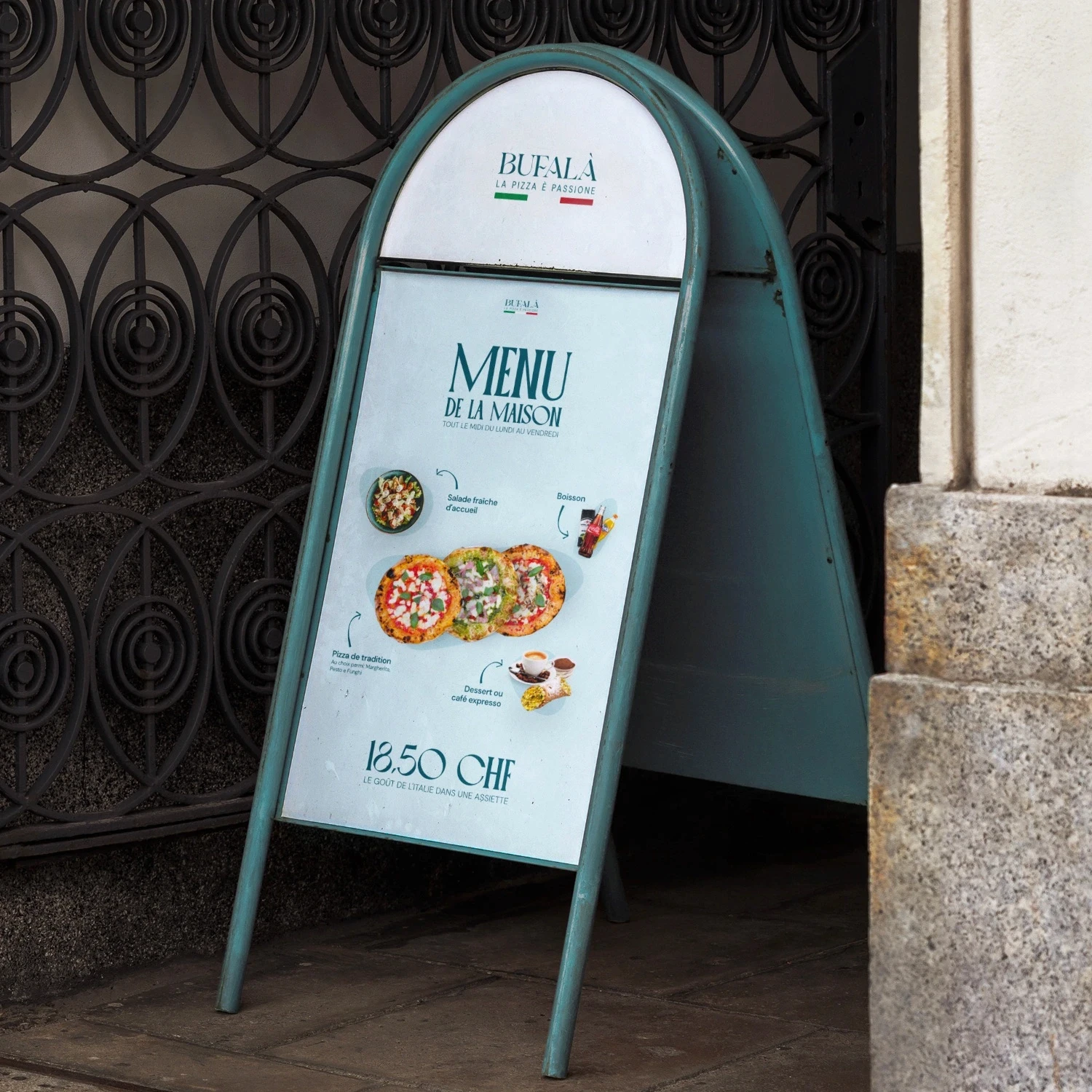 Poster pubblicitario pizzeria campagna marketing ristorante ristorazione advertising Bufalà Pizza Experience lausanne Svizzera